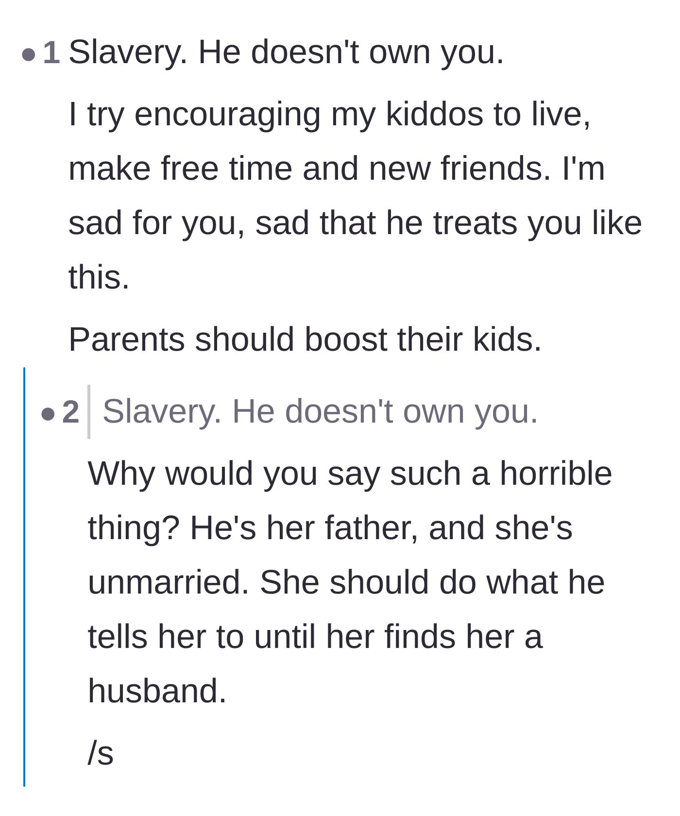 Comment thread 2 - A sarcastic exchange mocking the outdated idea that a father owns his unmarried daughter.