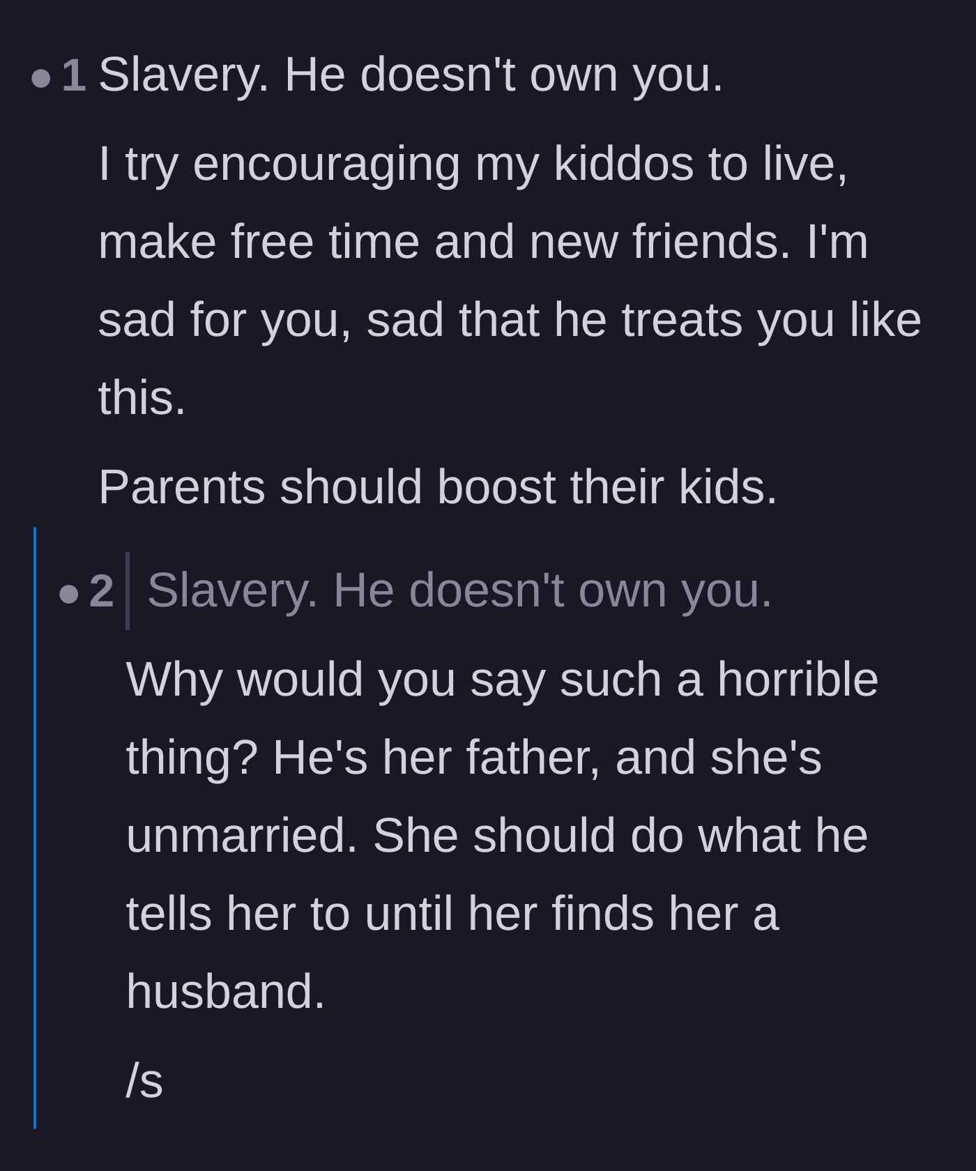 Comment thread 2 - A sarcastic exchange mocking the outdated idea that a father owns his unmarried daughter.