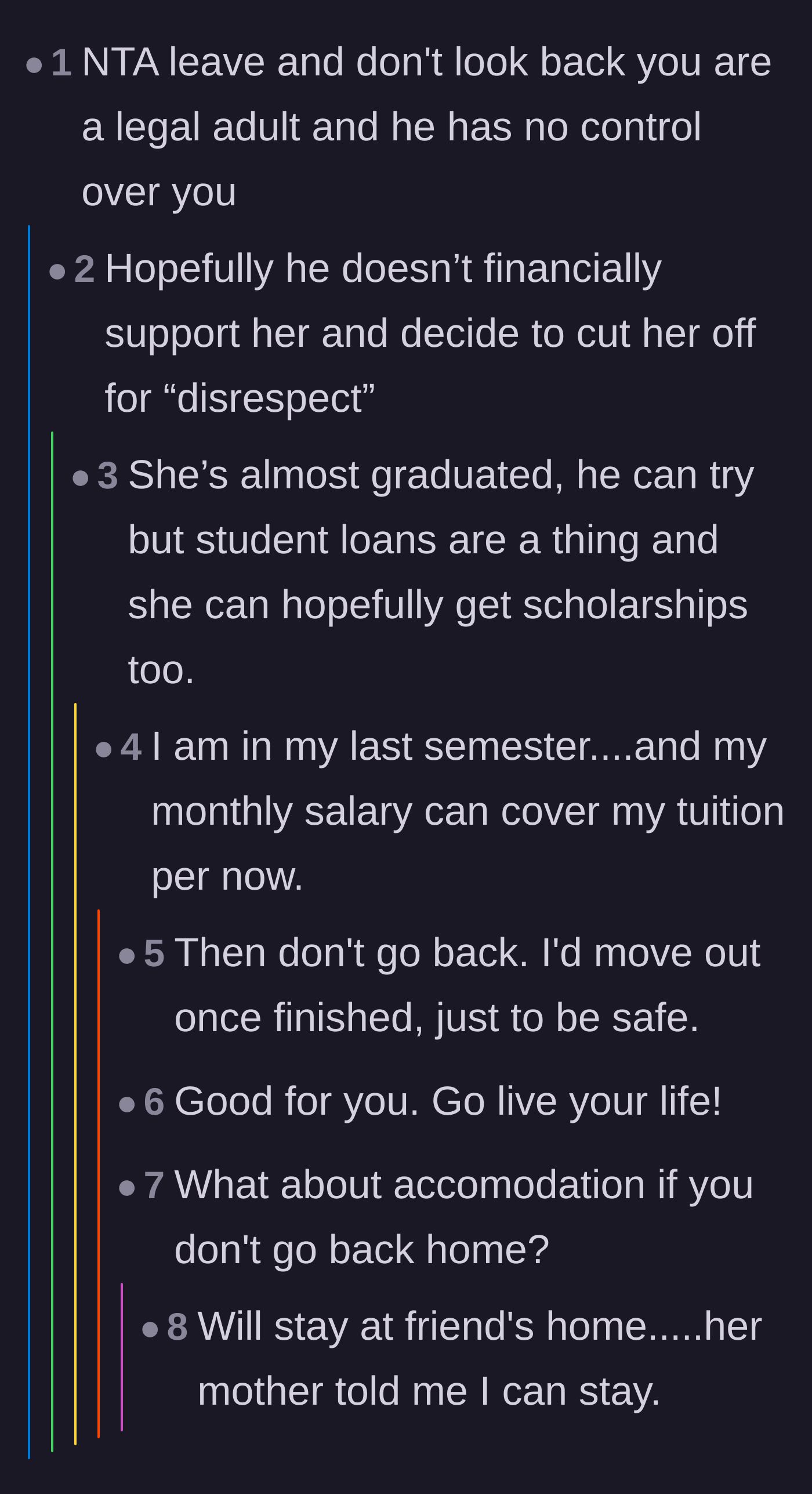 Comment thread 4 - A deep dive into the main character's financial independence, confirming she can pay her own tuition and has housing.