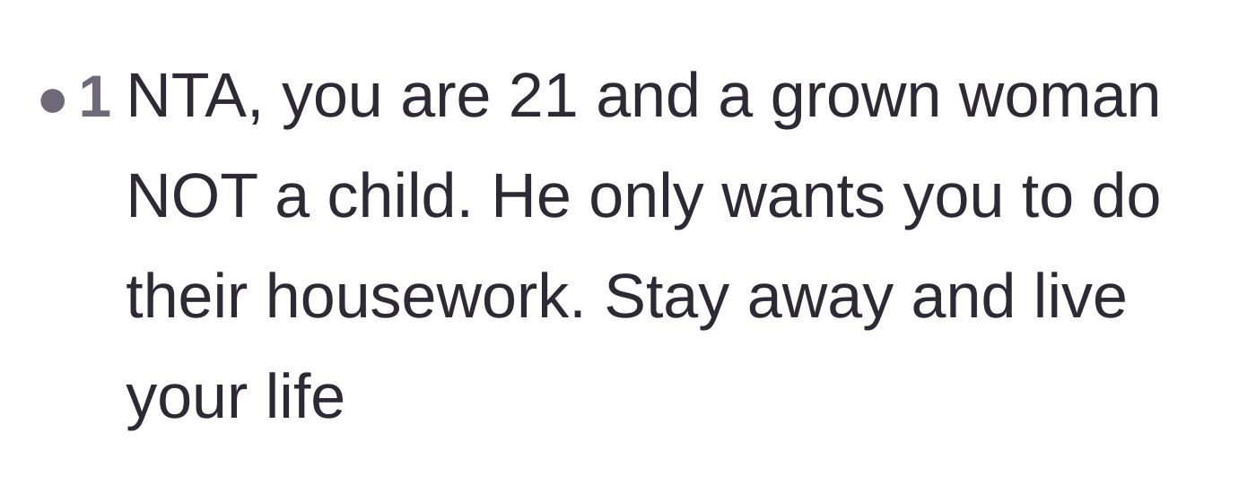 Comment thread 5 - Reminding the main character that at 21, she is a grown woman and not a child to be ordered around.
