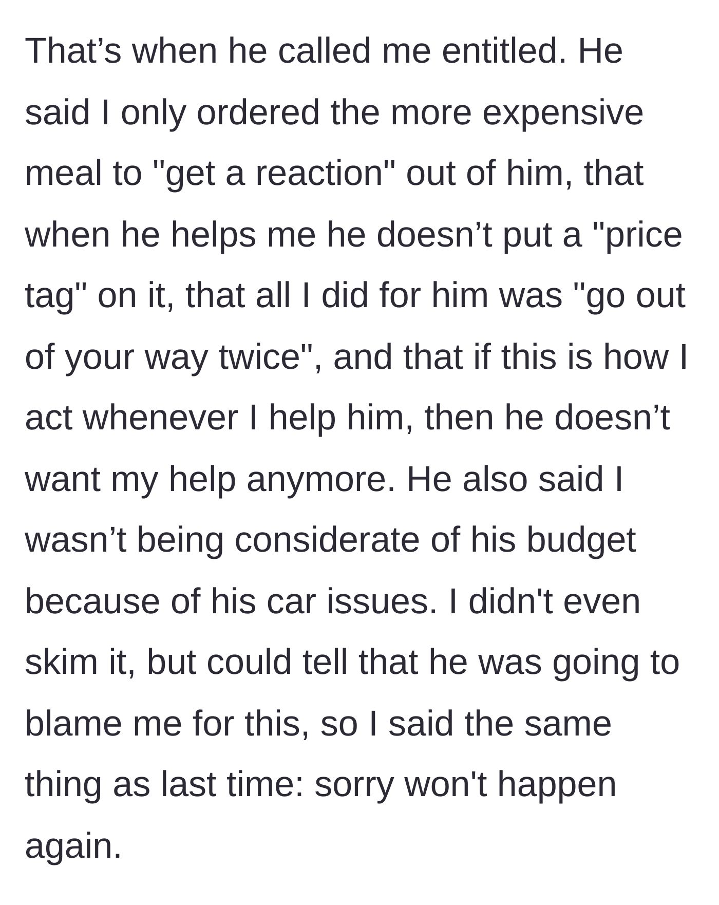 Story part 10 - Ex calls her entitled, says she just wanted a reaction, and minimizes her help.