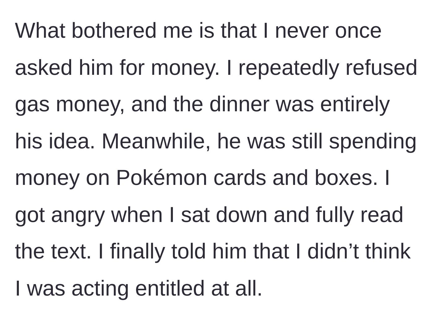 Story part 11 - Woman gets angry realizing she never asked for money while he bought expensive cards.