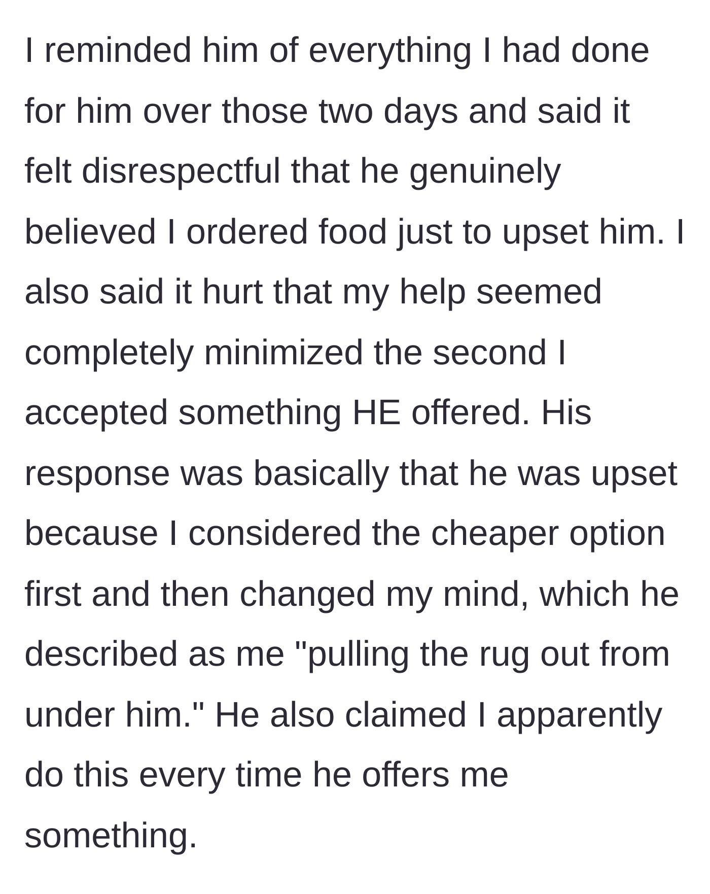 Story part 12 - Woman defends herself and he claims she pulled the rug out from under him.