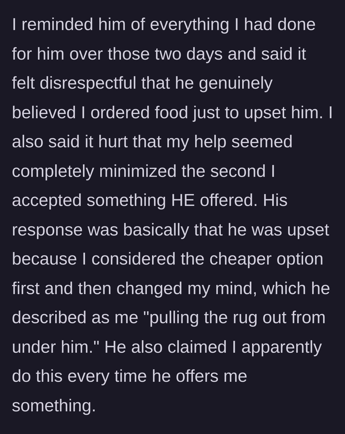 Story part 12 - Woman defends herself and he claims she pulled the rug out from under him.