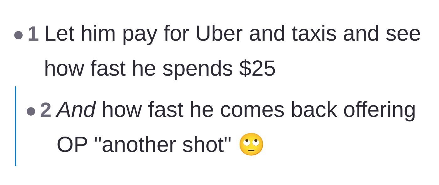 Comment thread 2 - Commenters calculating the astronomical cost of an Uber compared to the $25 dinner.