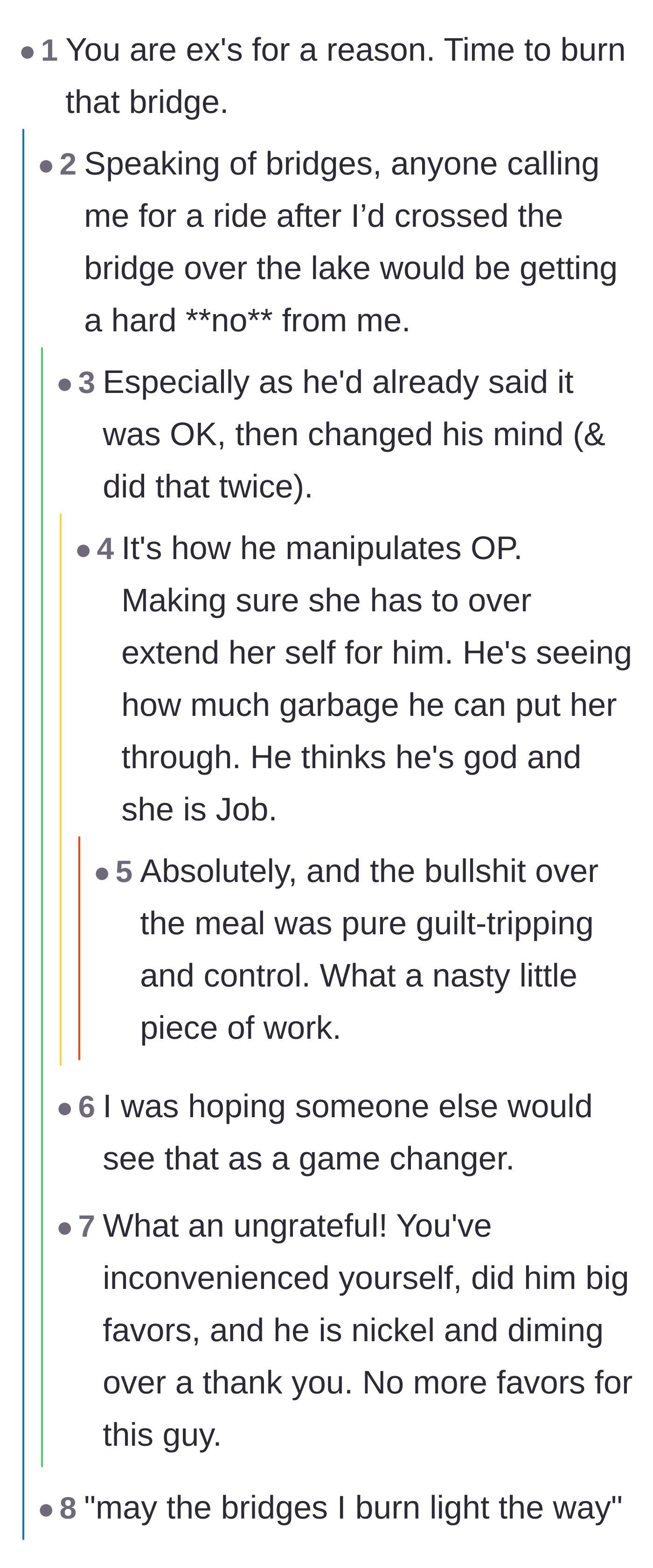 Comment thread 4 - Readers analyzing how the ex changing his mind about rides was a deliberate control tactic.