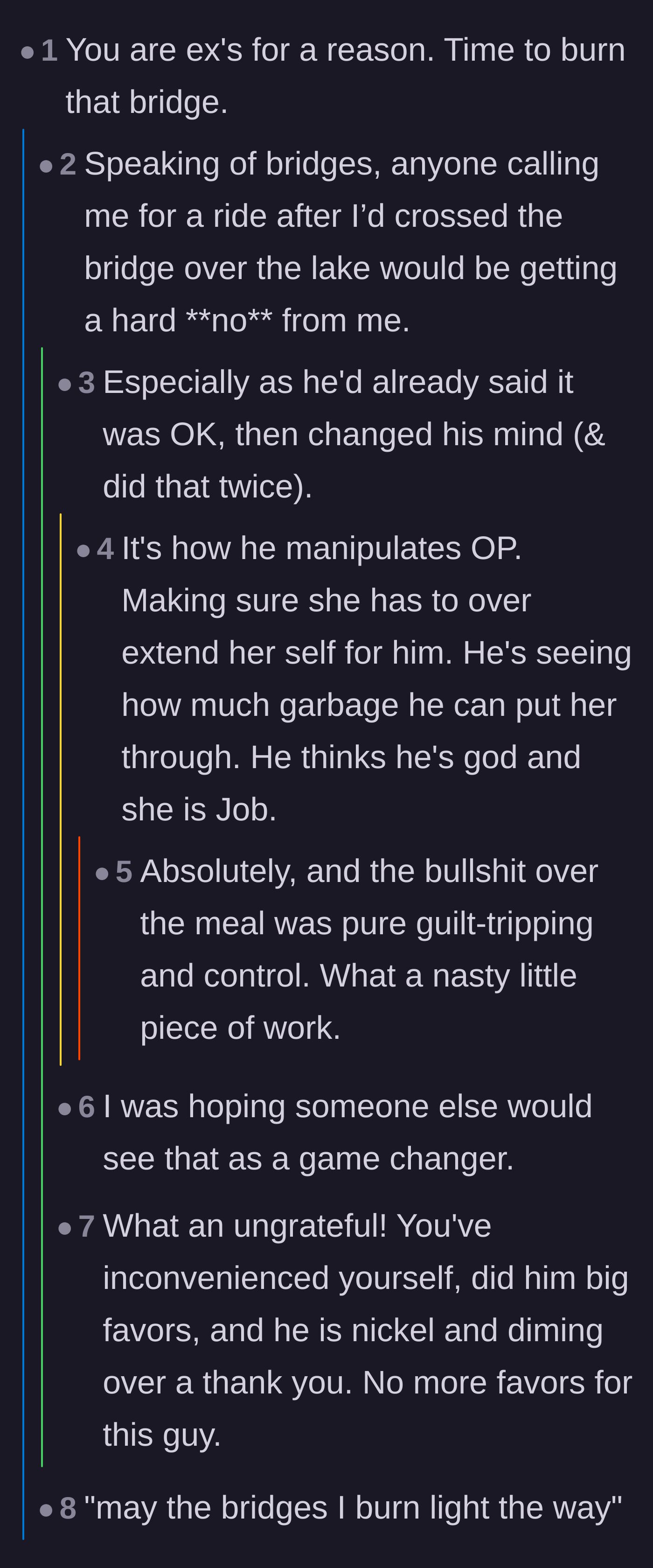 Comment thread 4 - Readers analyzing how the ex changing his mind about rides was a deliberate control tactic.