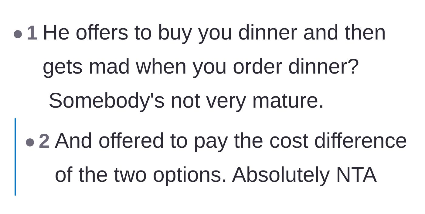 Comment thread 6 - Pointing out the immaturity of offering to buy dinner and then getting angry when the offer is accepted.