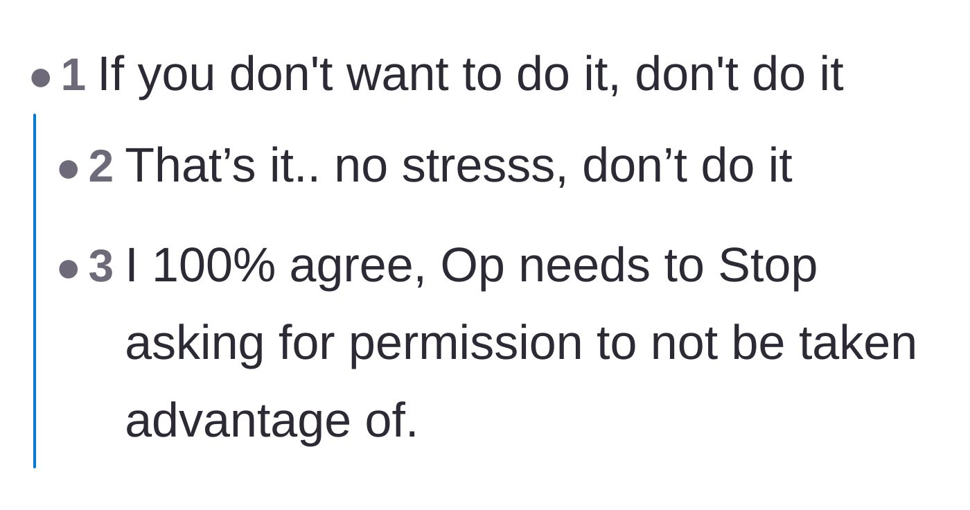 Comment thread 1 - Readers tell the author to stop asking for permission to say no and simply refuse to cook