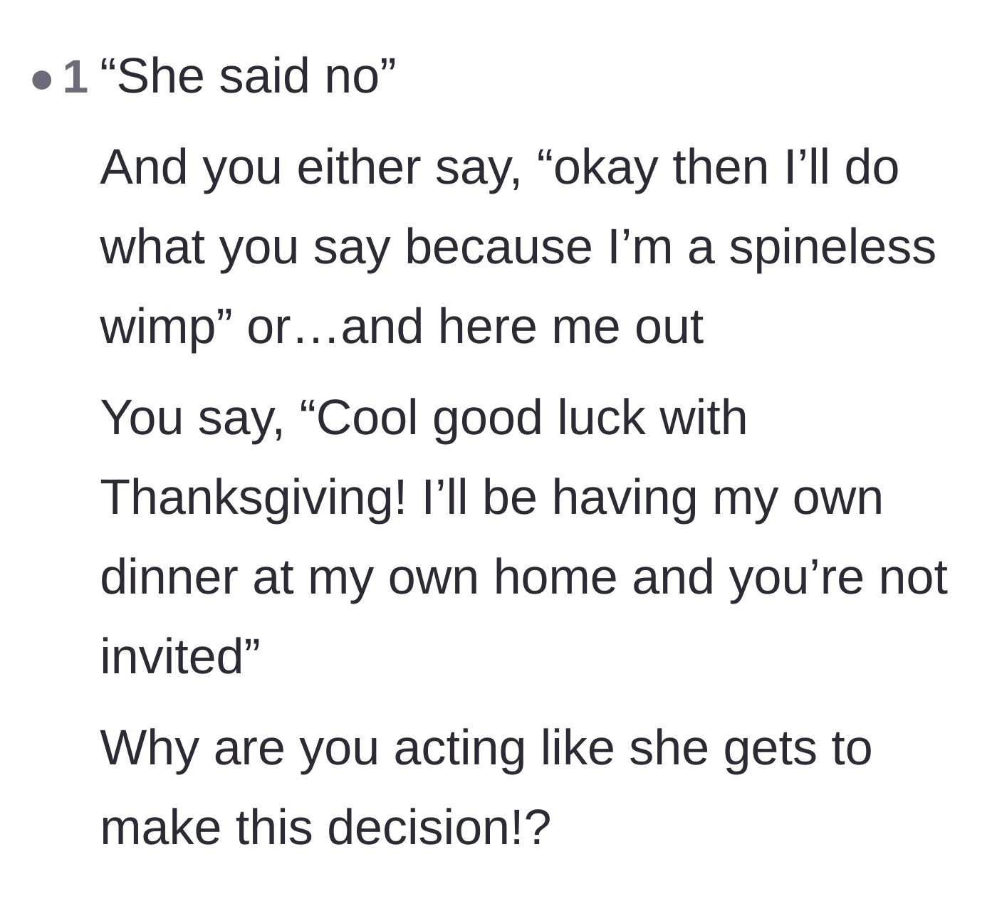 Comment thread 5 - A commenter delivers tough love about standing up to the sister-in-law's refusal