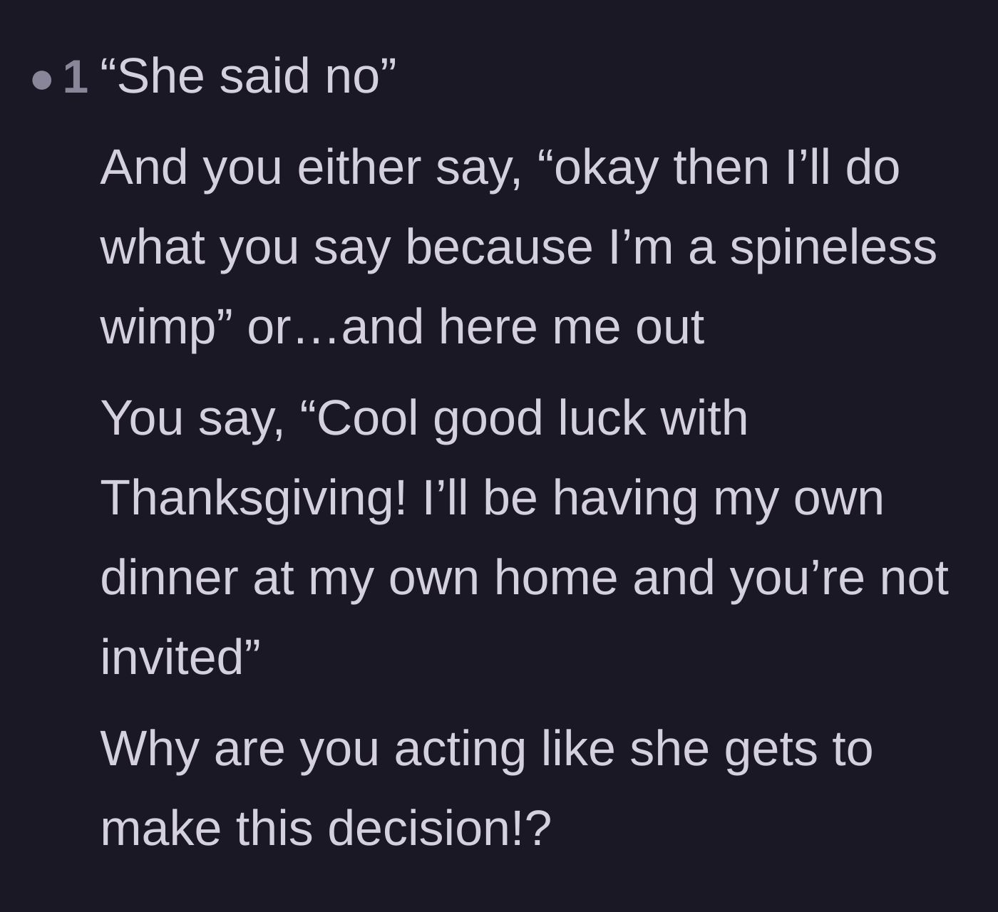 Comment thread 5 - A commenter delivers tough love about standing up to the sister-in-law's refusal