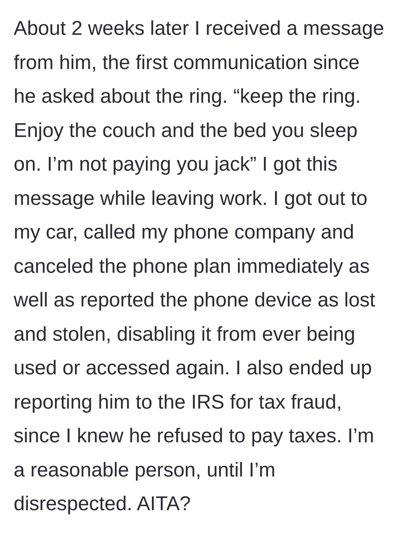 Story part 15 - The boyfriend refuses to pay his debt via text, leading the girlfriend to brick his phone and report him to the IRS.