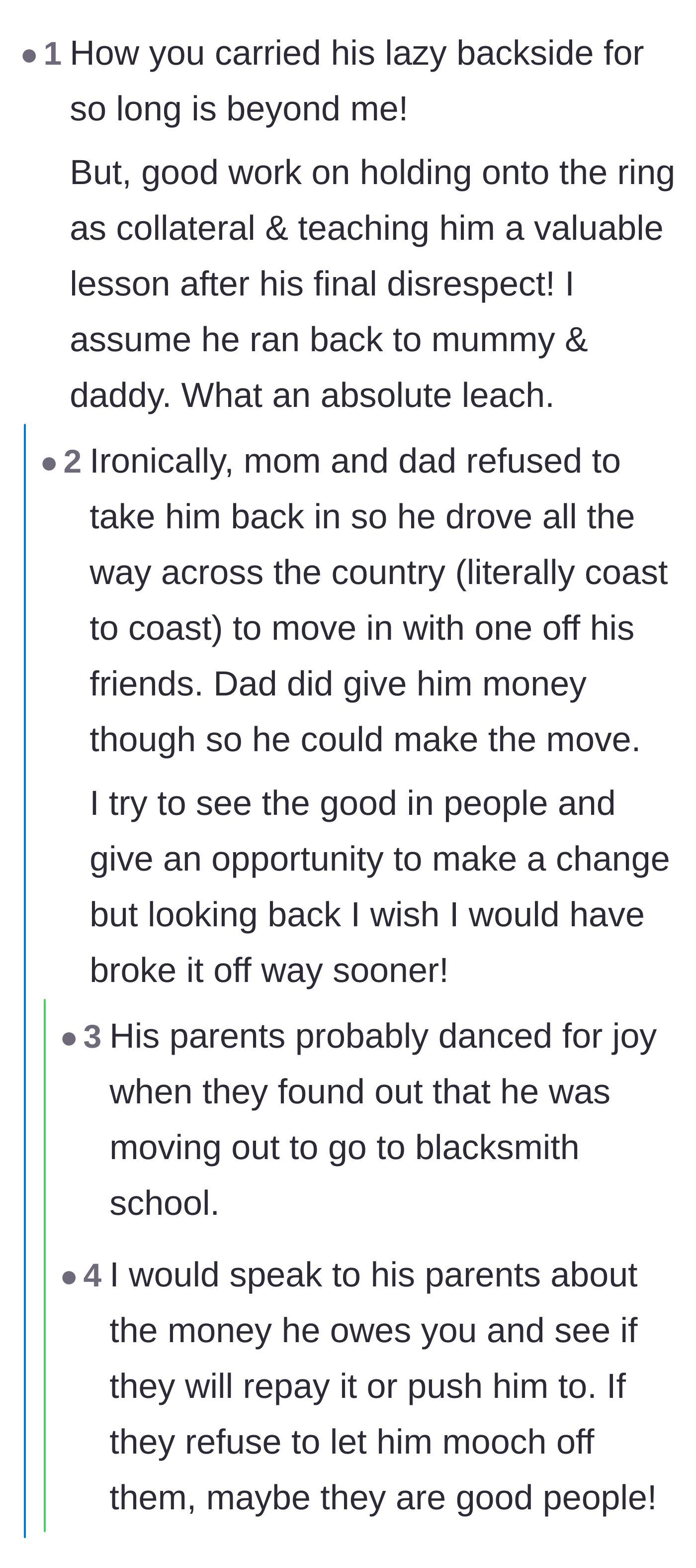 Comment thread 3 - A discussion about the ex fleeing across the country and the logistical genius of returning the ring for store credit.