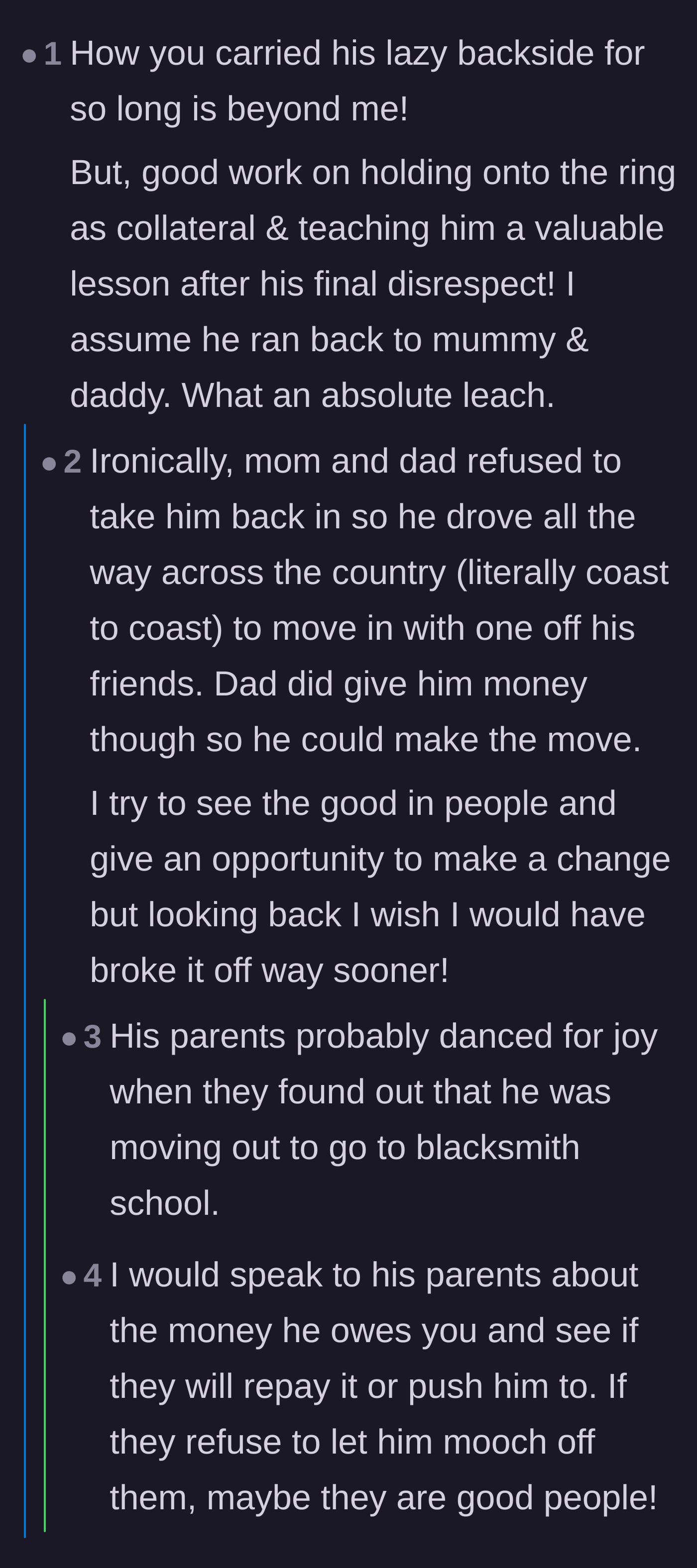 Comment thread 3 - A discussion about the ex fleeing across the country and the logistical genius of returning the ring for store credit.