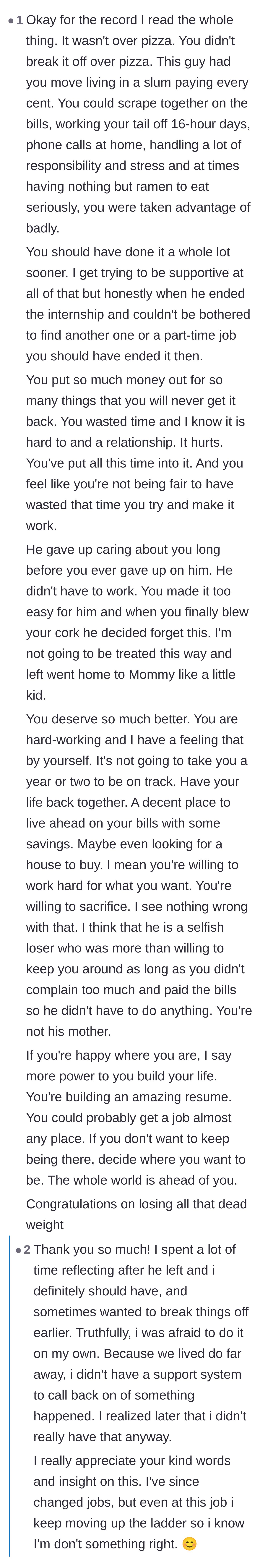 Comment thread 6 - A long, supportive breakdown validating the author's work ethic and clarifying that the pizza was just a symptom of a larger disease.