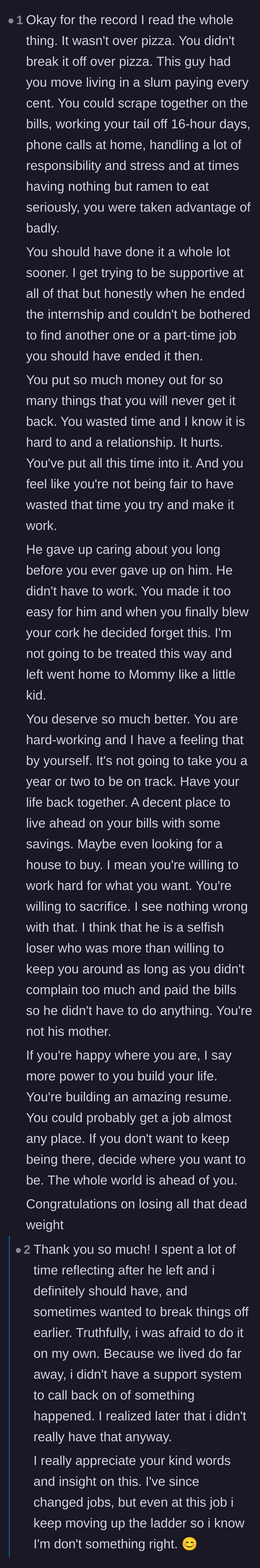 Comment thread 6 - A long, supportive breakdown validating the author's work ethic and clarifying that the pizza was just a symptom of a larger disease.