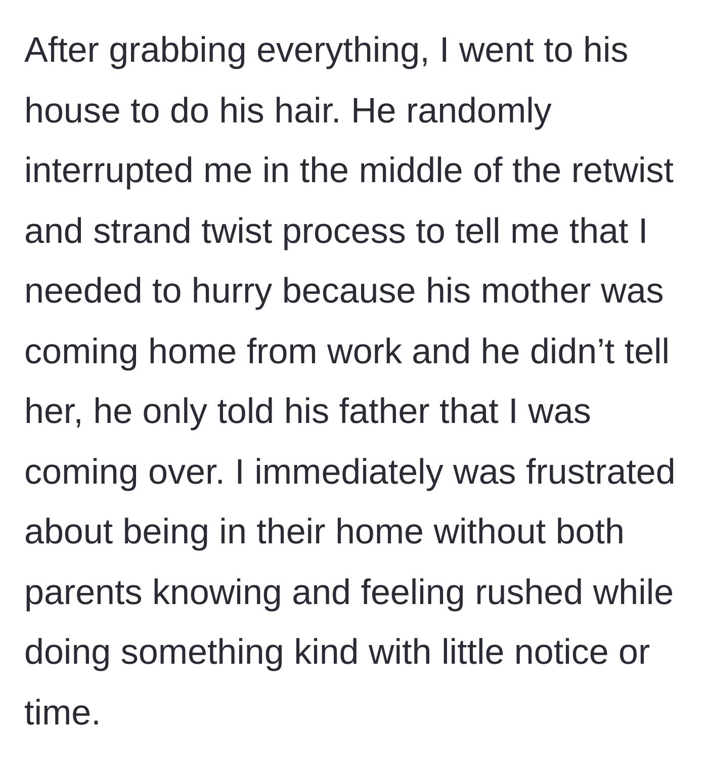 Story part 4 - Boyfriend rushes the girlfriend because he hid her presence from his mother.