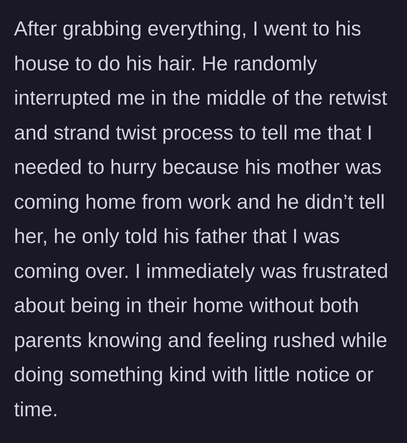 Story part 4 - Boyfriend rushes the girlfriend because he hid her presence from his mother.