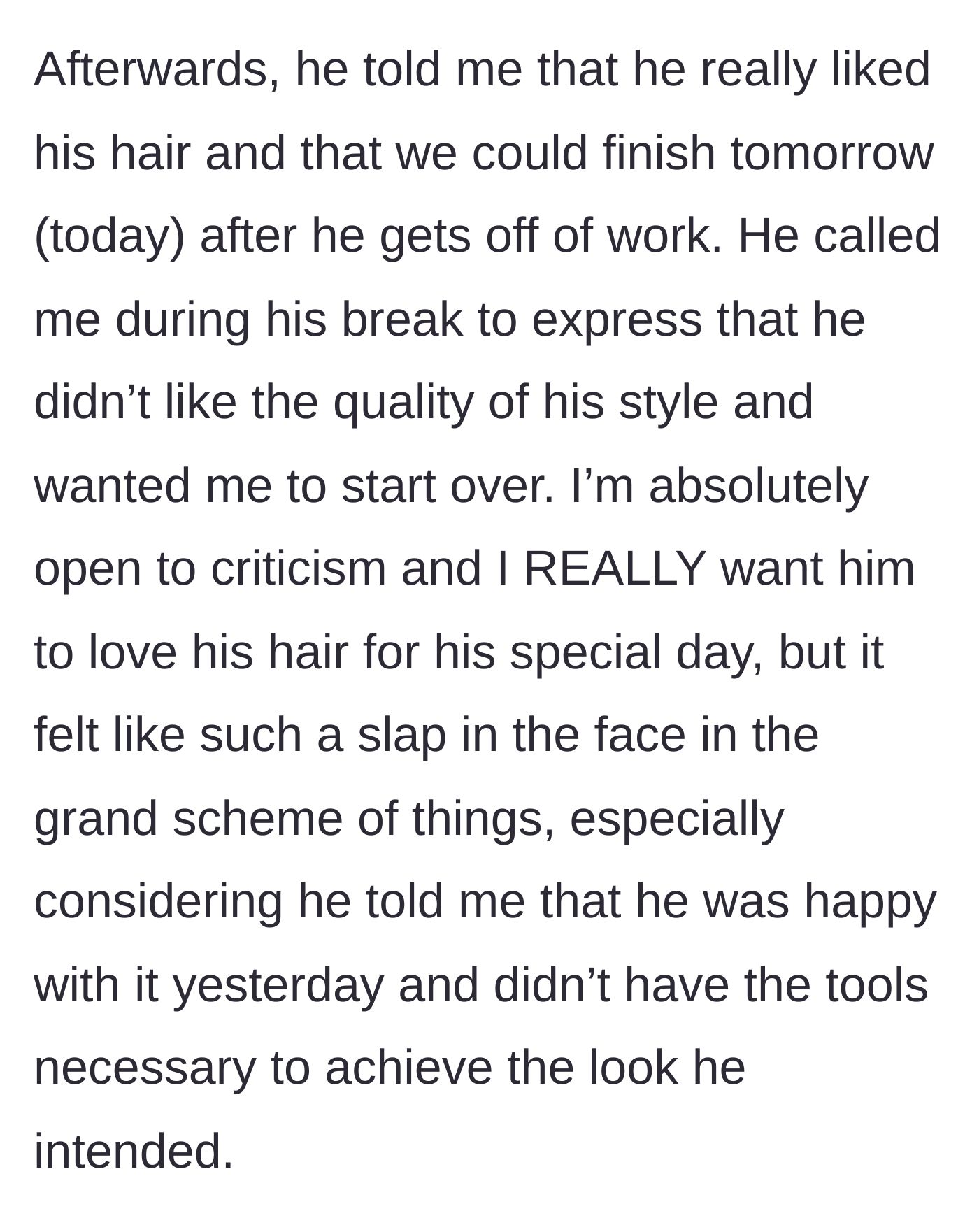 Story part 5 - Boyfriend calls the next day demanding she start over because he doesn't like the free styling.