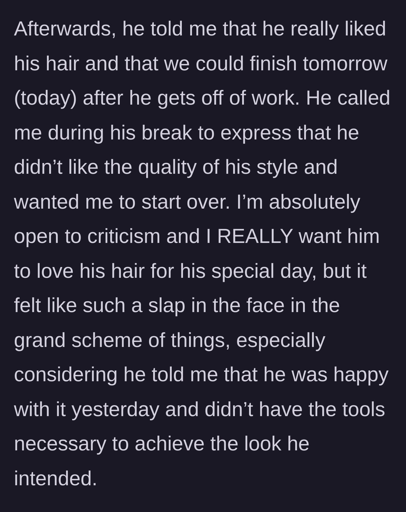 Story part 5 - Boyfriend calls the next day demanding she start over because he doesn't like the free styling.