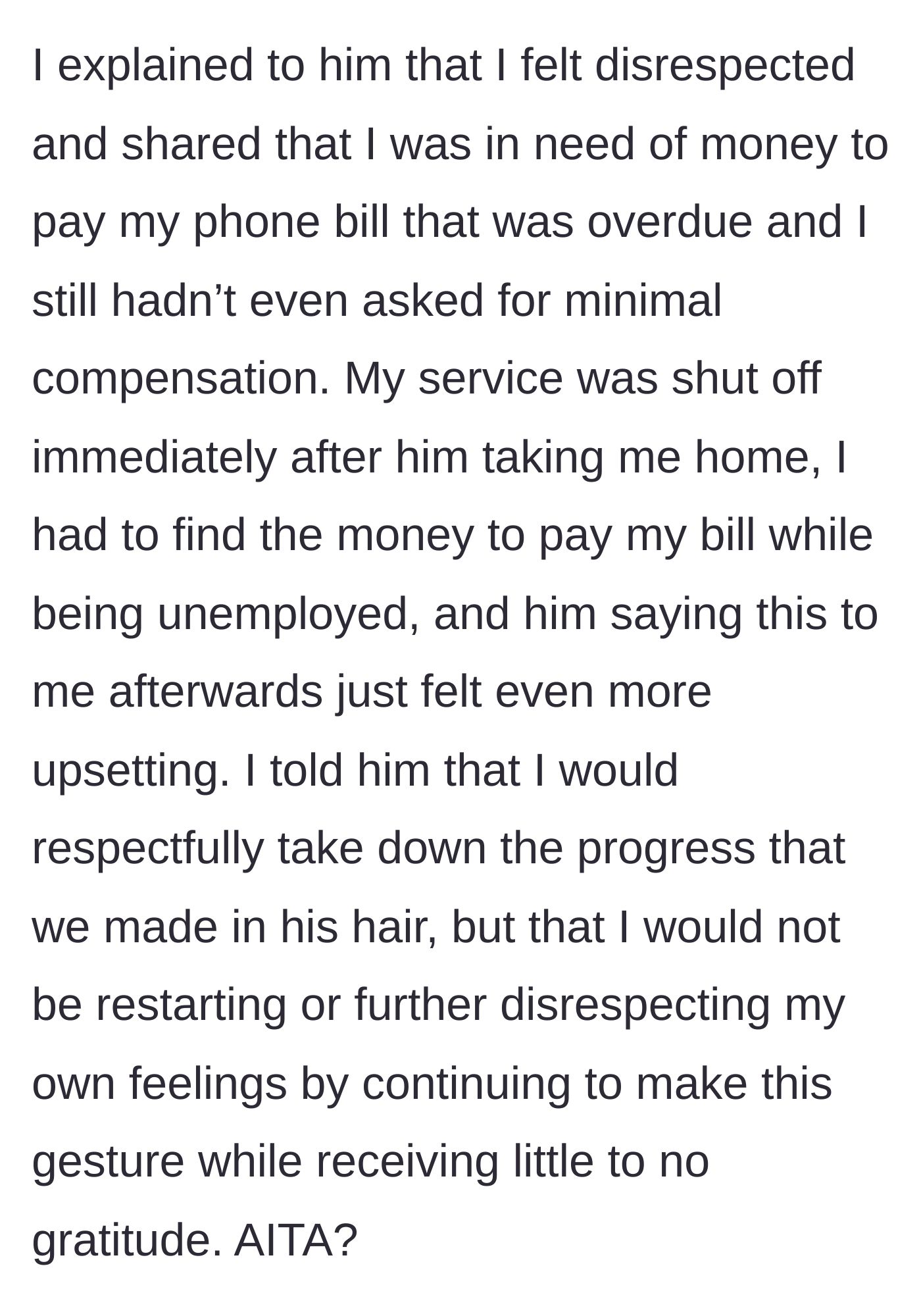 Story part 6 - Girlfriend stands her ground, refusing to restart, revealing her phone was shut off due to lack of funds.