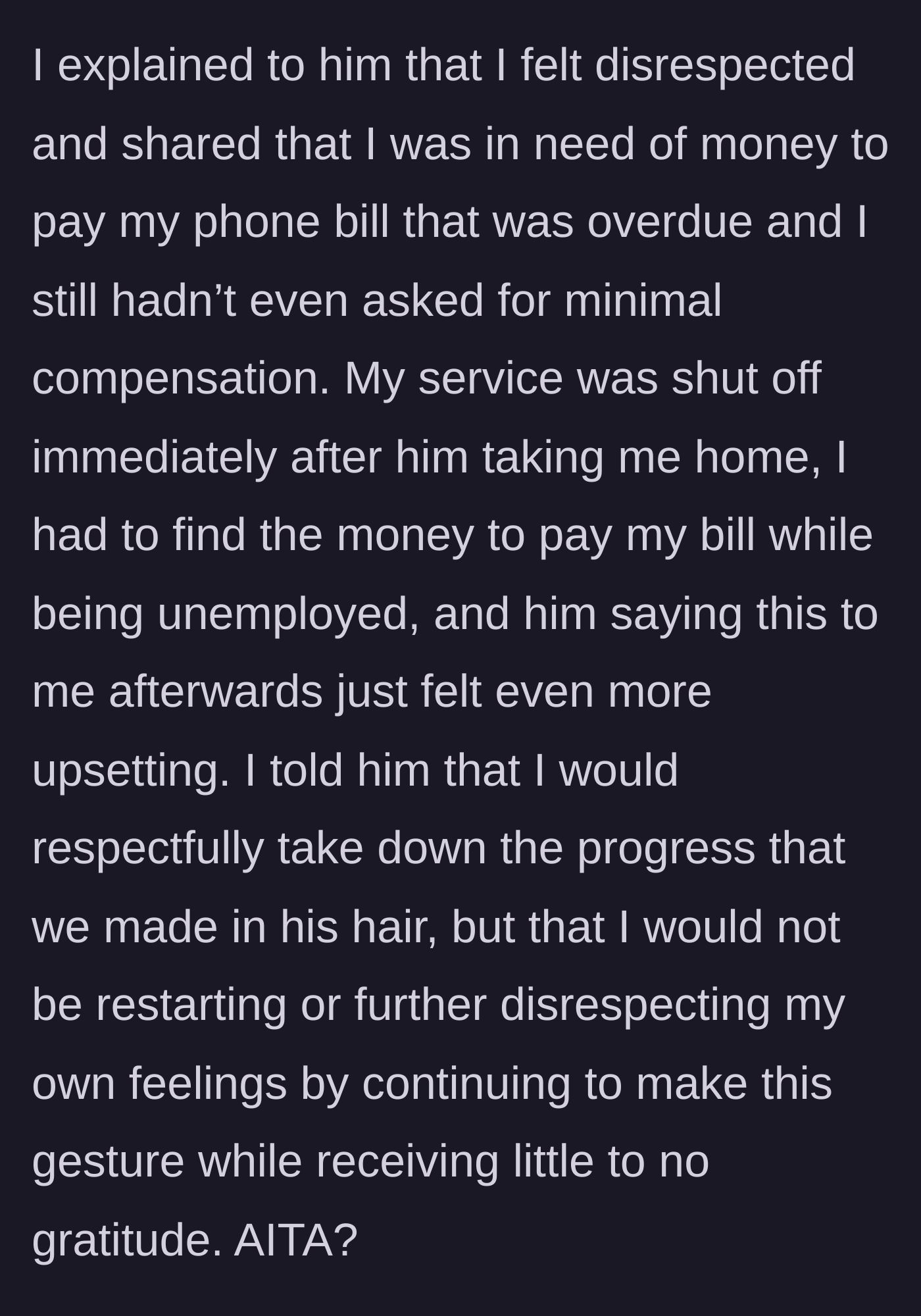 Story part 6 - Girlfriend stands her ground, refusing to restart, revealing her phone was shut off due to lack of funds.