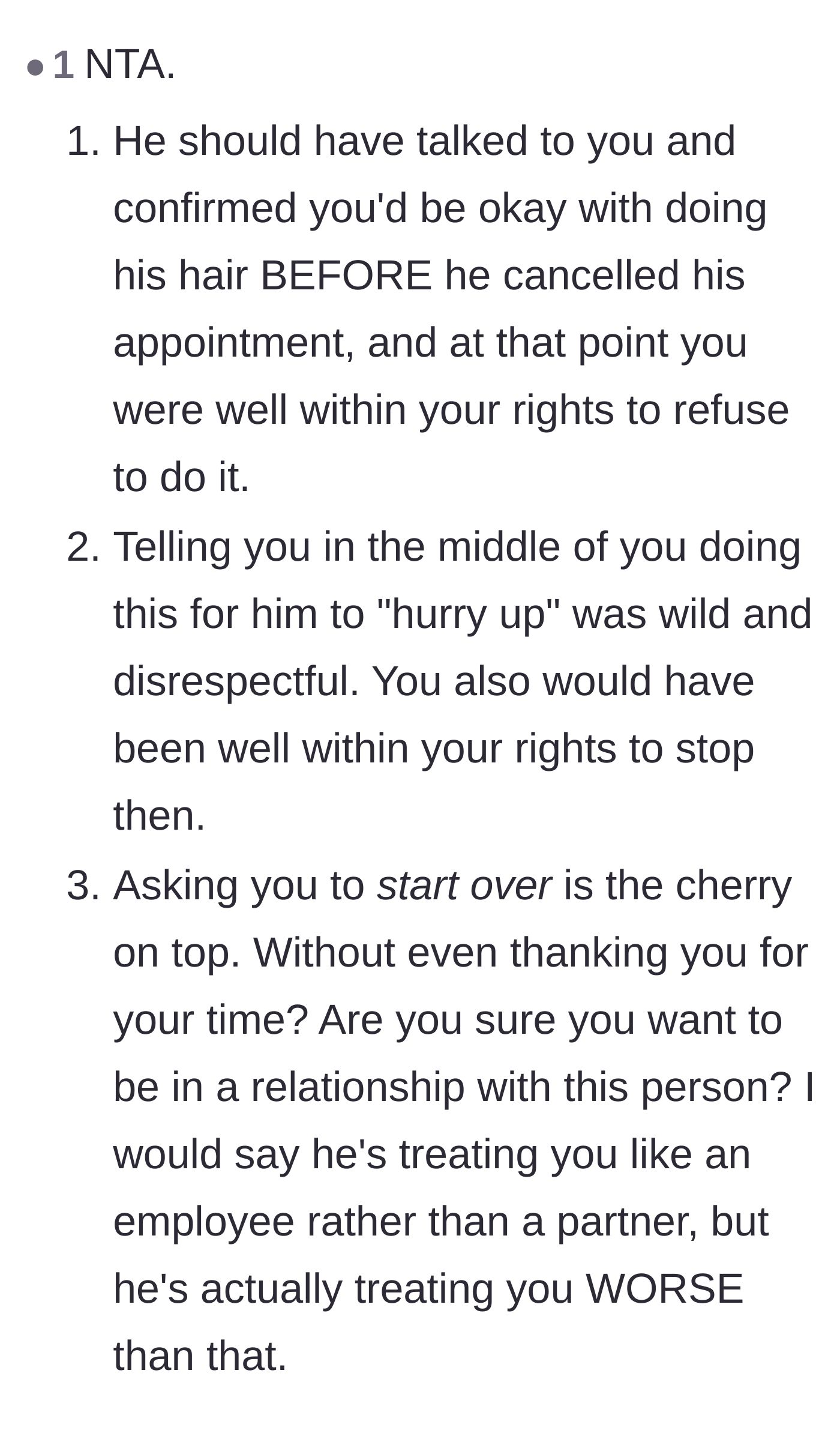 Comment thread 2 - Breaking down the boyfriend's sequence of disrespectful demands and treating his girlfriend worse than an employee.
