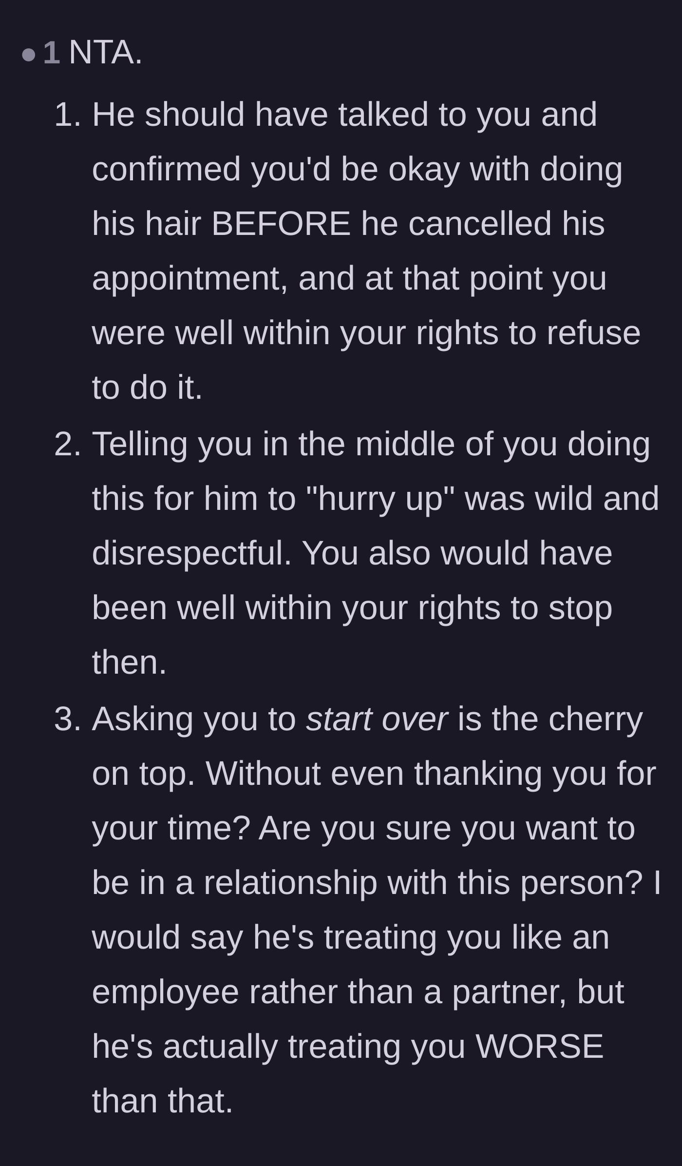 Comment thread 2 - Breaking down the boyfriend's sequence of disrespectful demands and treating his girlfriend worse than an employee.