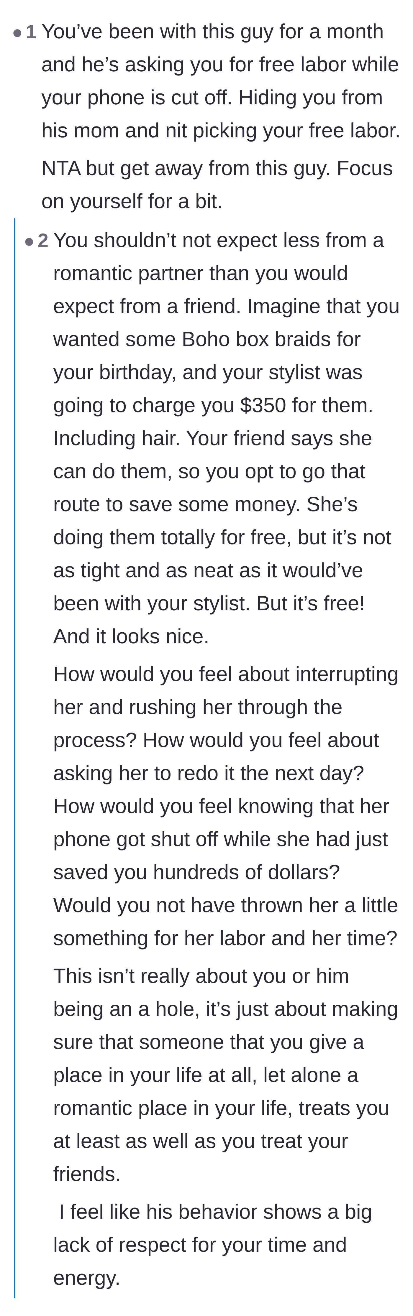 Comment thread 4 - Advice comparing the boyfriend's demands to how you would treat a friend doing you a massive financial favor.