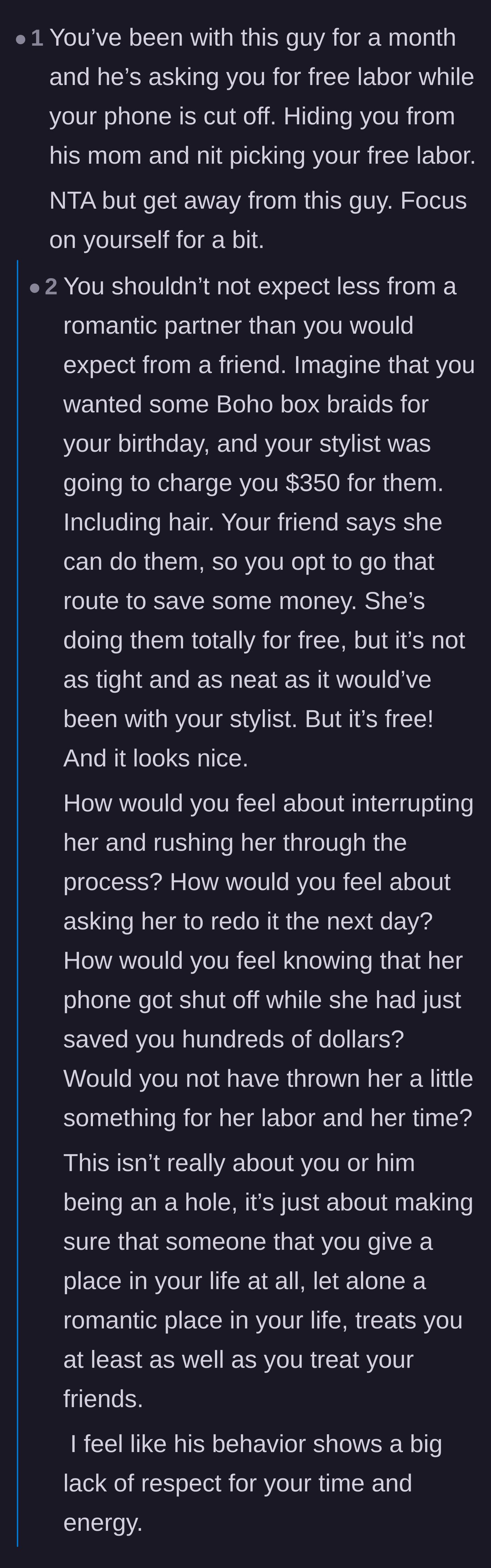 Comment thread 4 - Advice comparing the boyfriend's demands to how you would treat a friend doing you a massive financial favor.