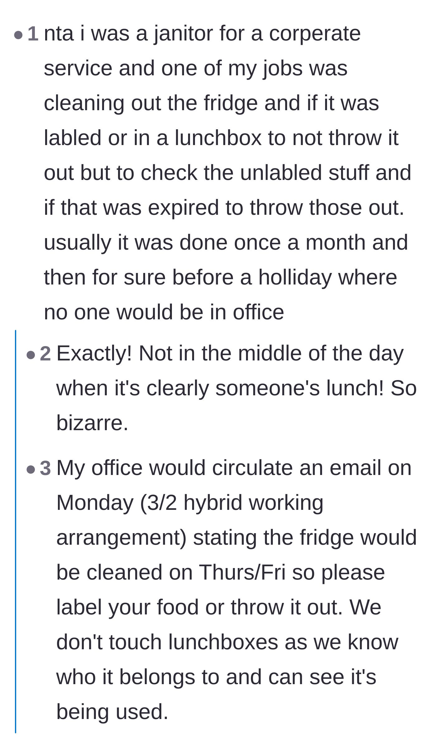 Comment thread 2 - Professional cleaners explaining standard protocol is to never touch closed lunchboxes and to clean after hours