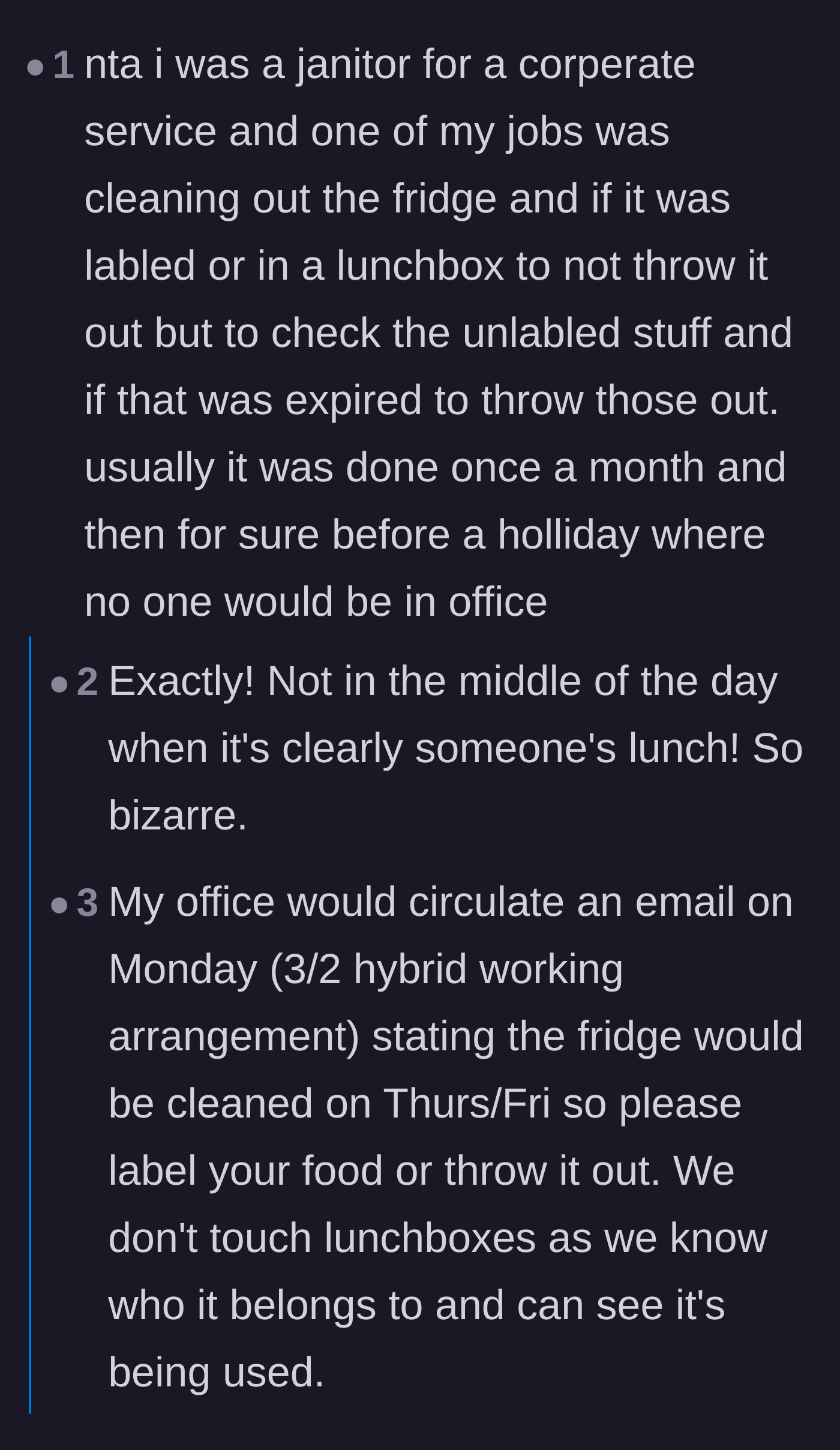 Comment thread 2 - Professional cleaners explaining standard protocol is to never touch closed lunchboxes and to clean after hours