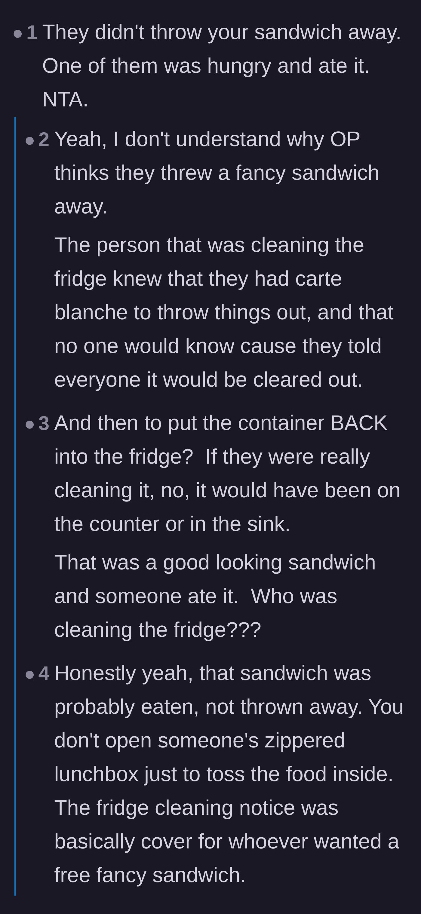 Comment thread 4 - Readers theorizing that the cleaner actually ate the fancy sandwich and used the cleanout as a cover