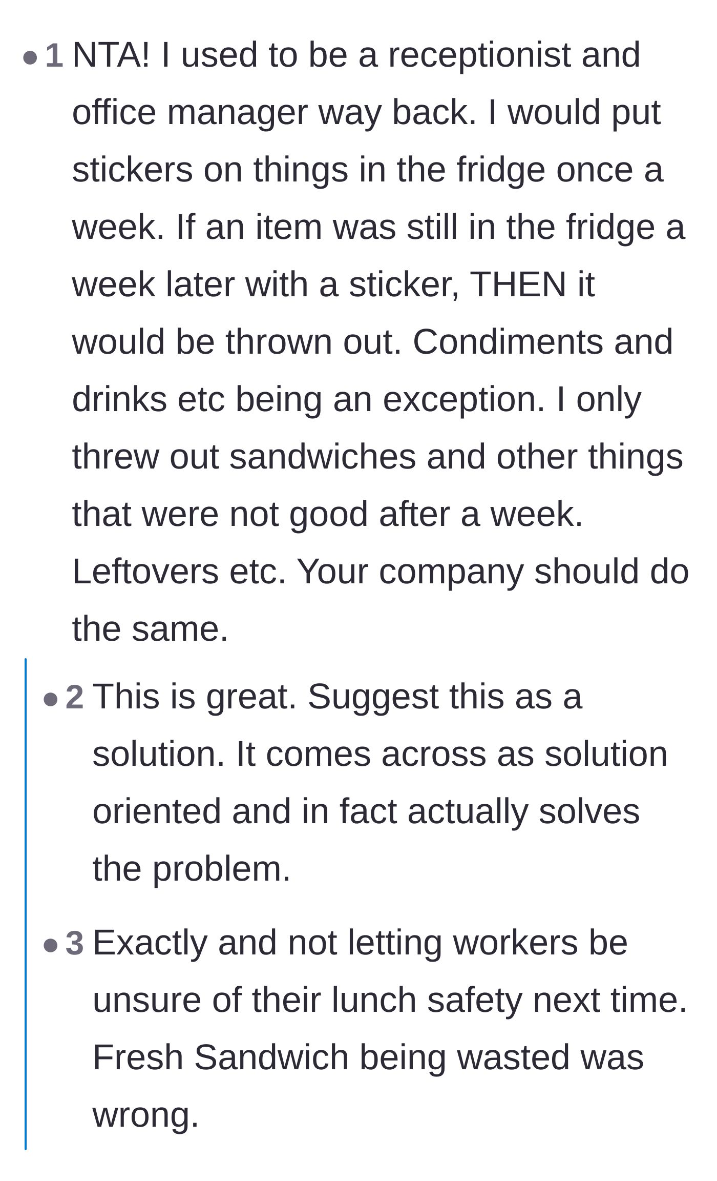 Comment thread 5 - A former office manager offering a practical sticker system to handle fridge cleanouts properly