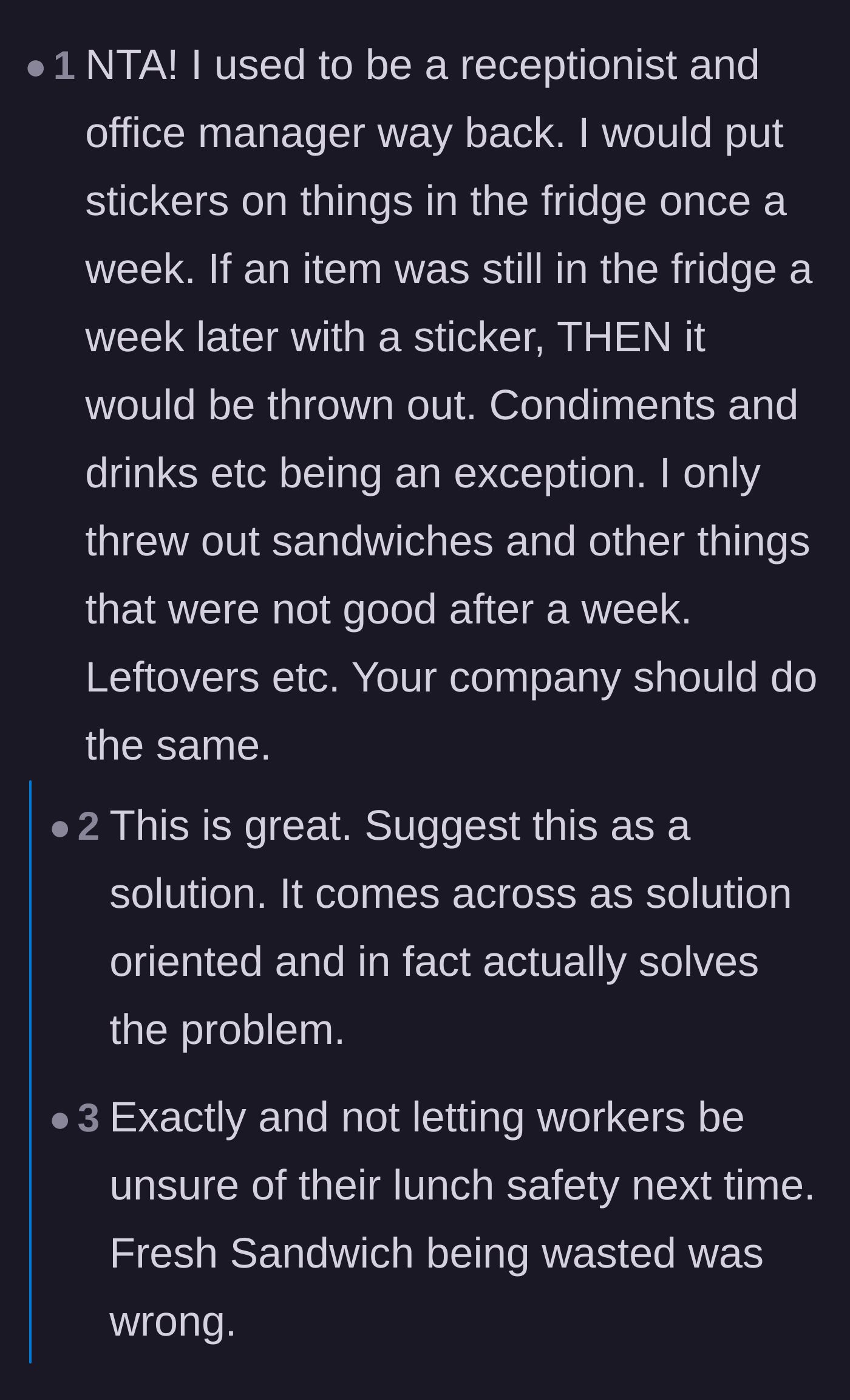 Comment thread 5 - A former office manager offering a practical sticker system to handle fridge cleanouts properly
