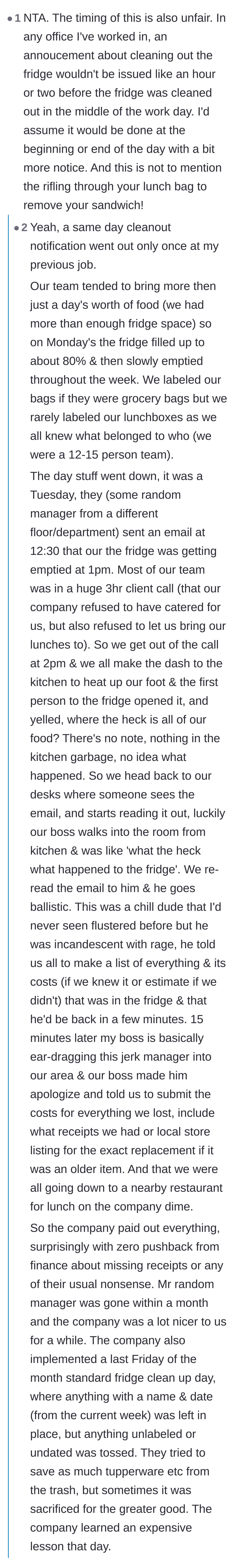 Comment thread 6 - Sharing a story about a manager who made the company reimburse employees after a sudden midday fridge purge