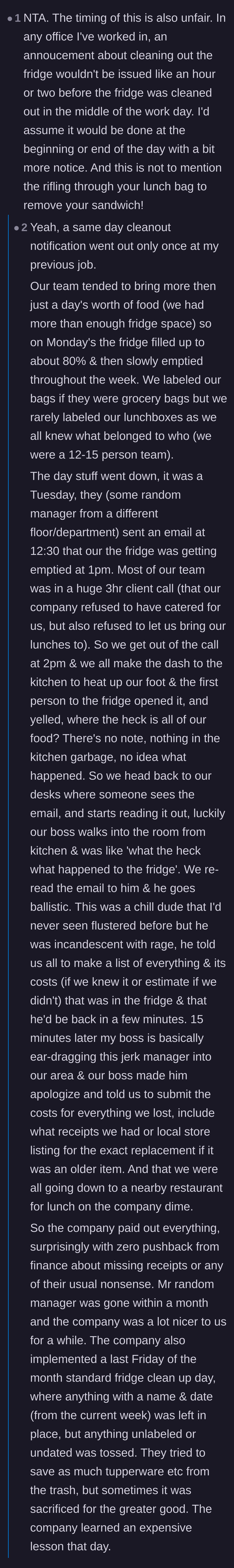 Comment thread 6 - Sharing a story about a manager who made the company reimburse employees after a sudden midday fridge purge
