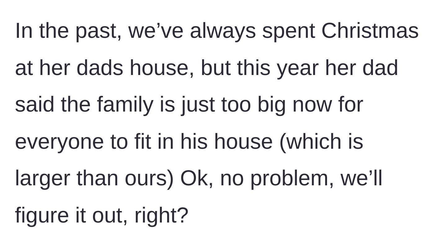 Story part 3 - The father-in-law cancels his traditional Christmas hosting duties due to a lack of space.