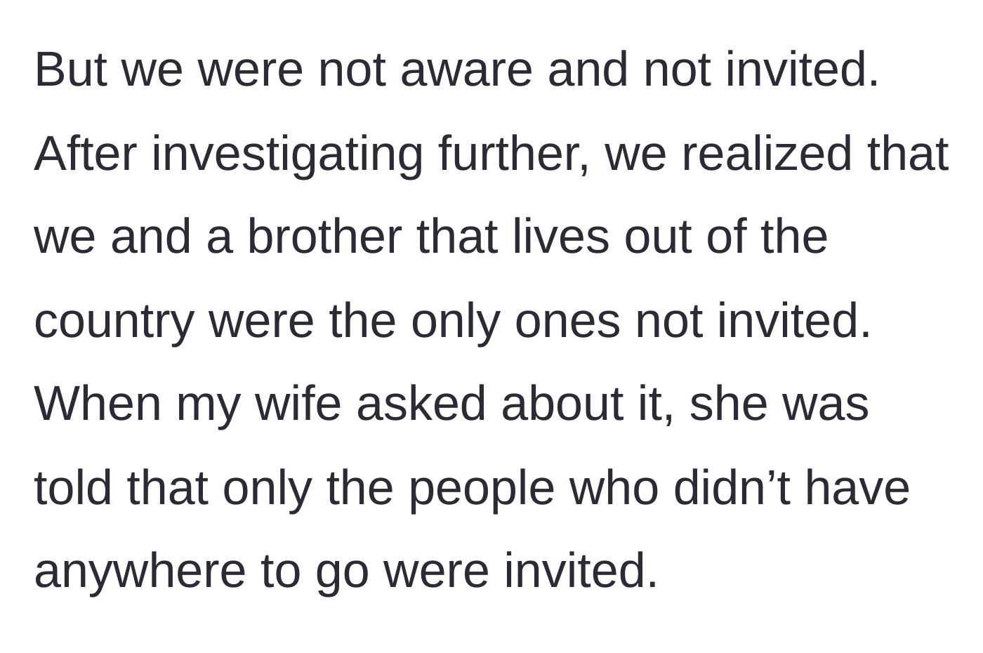Story part 5 - The couple discovers they and an overseas brother are the only ones excluded, with a terrible excuse provided.