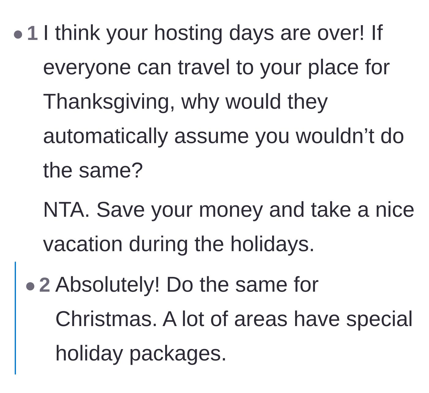 Comment thread 3 - Pointing out the hypocrisy of the family being willing to travel for Thanksgiving but assuming the couple couldn't travel for Christmas.