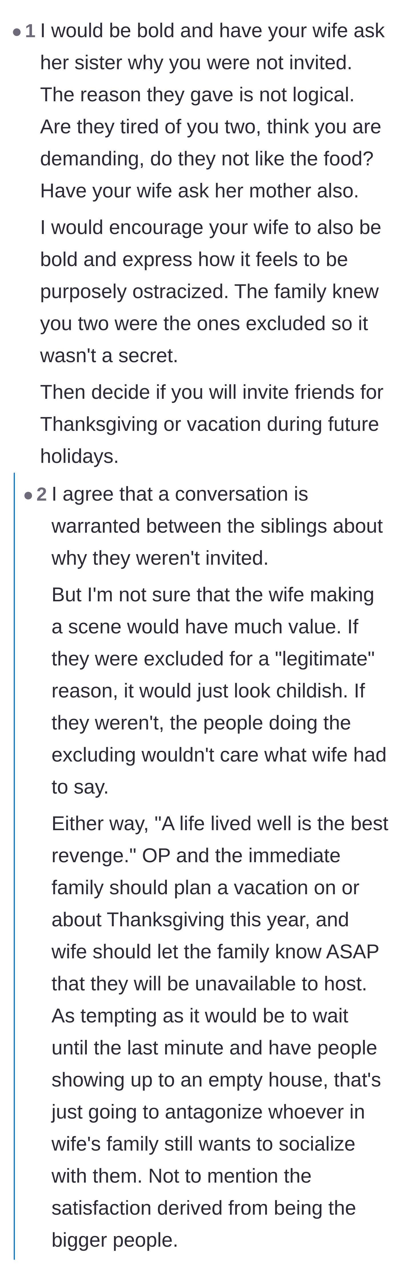 Comment thread 4 - A debate over whether the couple should confront the family directly and if their potential lack of children caused the exclusion.