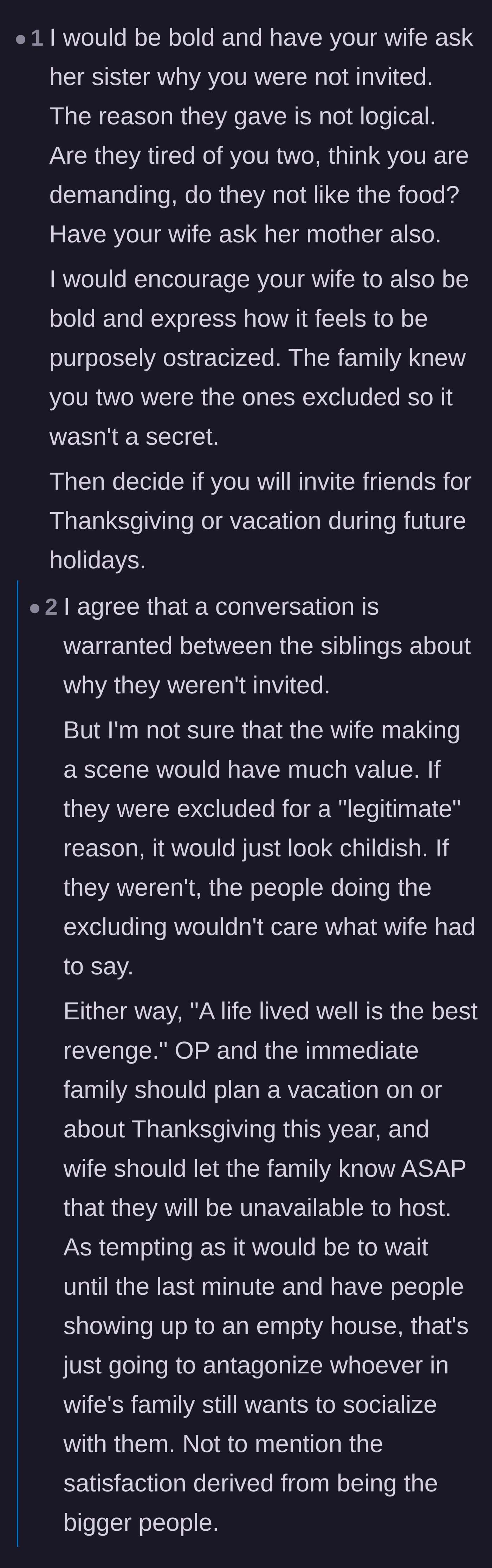 Comment thread 4 - A debate over whether the couple should confront the family directly and if their potential lack of children caused the exclusion.