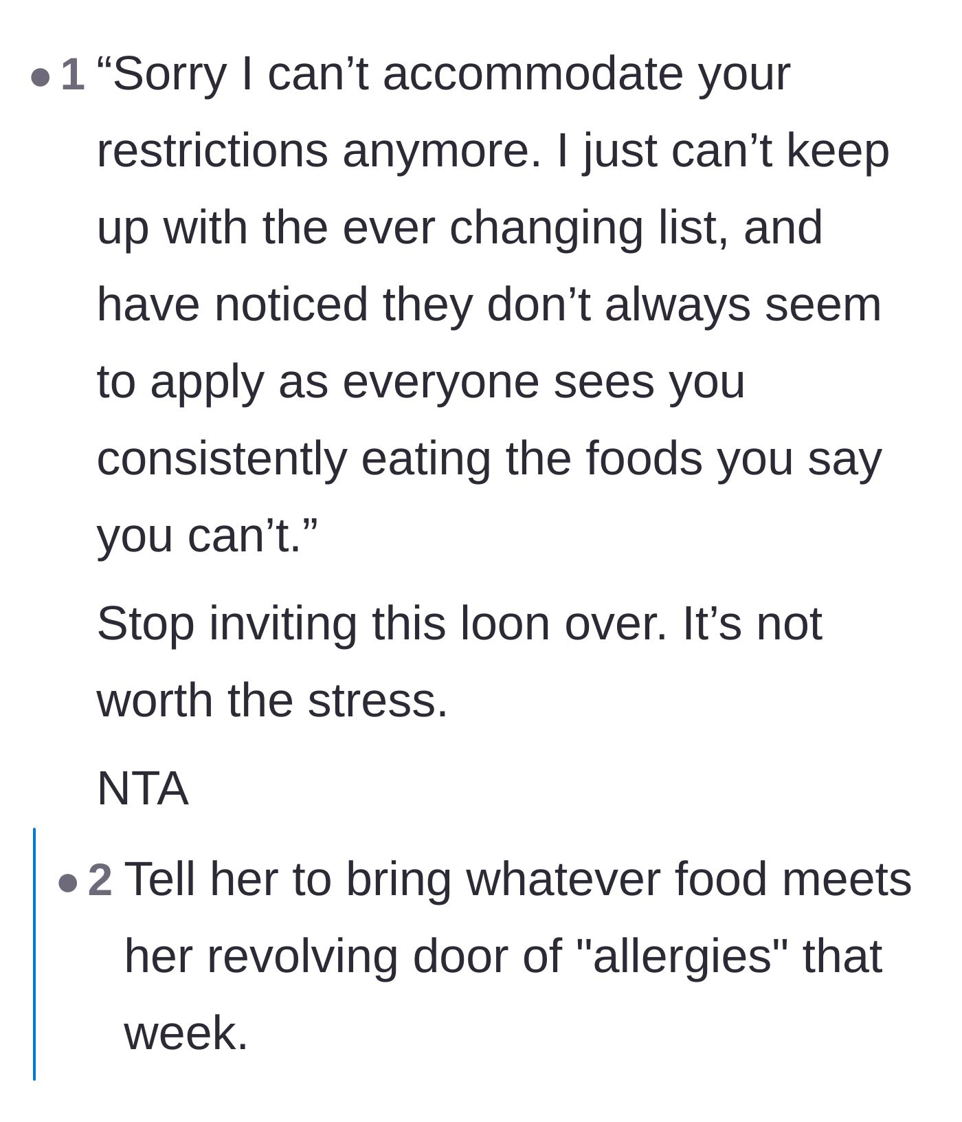 Comment thread 1 - Readers with real allergies sharing how they always bring their own food to parties to avoid stressing the host.