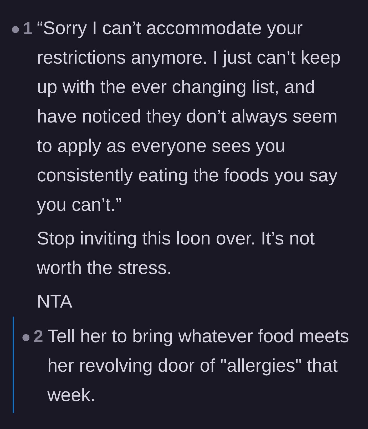 Comment thread 1 - Readers with real allergies sharing how they always bring their own food to parties to avoid stressing the host.