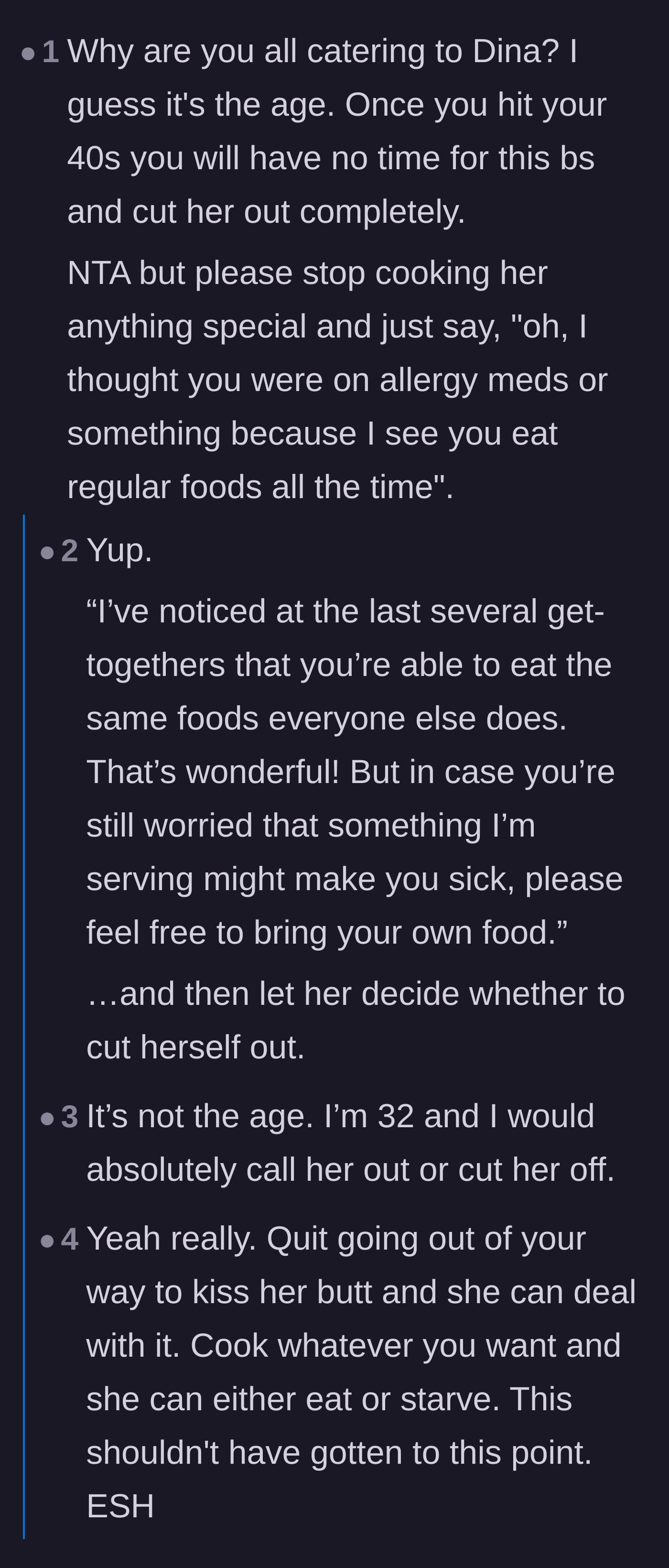 Comment thread 2 - A discussion about setting boundaries as you age and delivering the perfect passive-aggressive response.