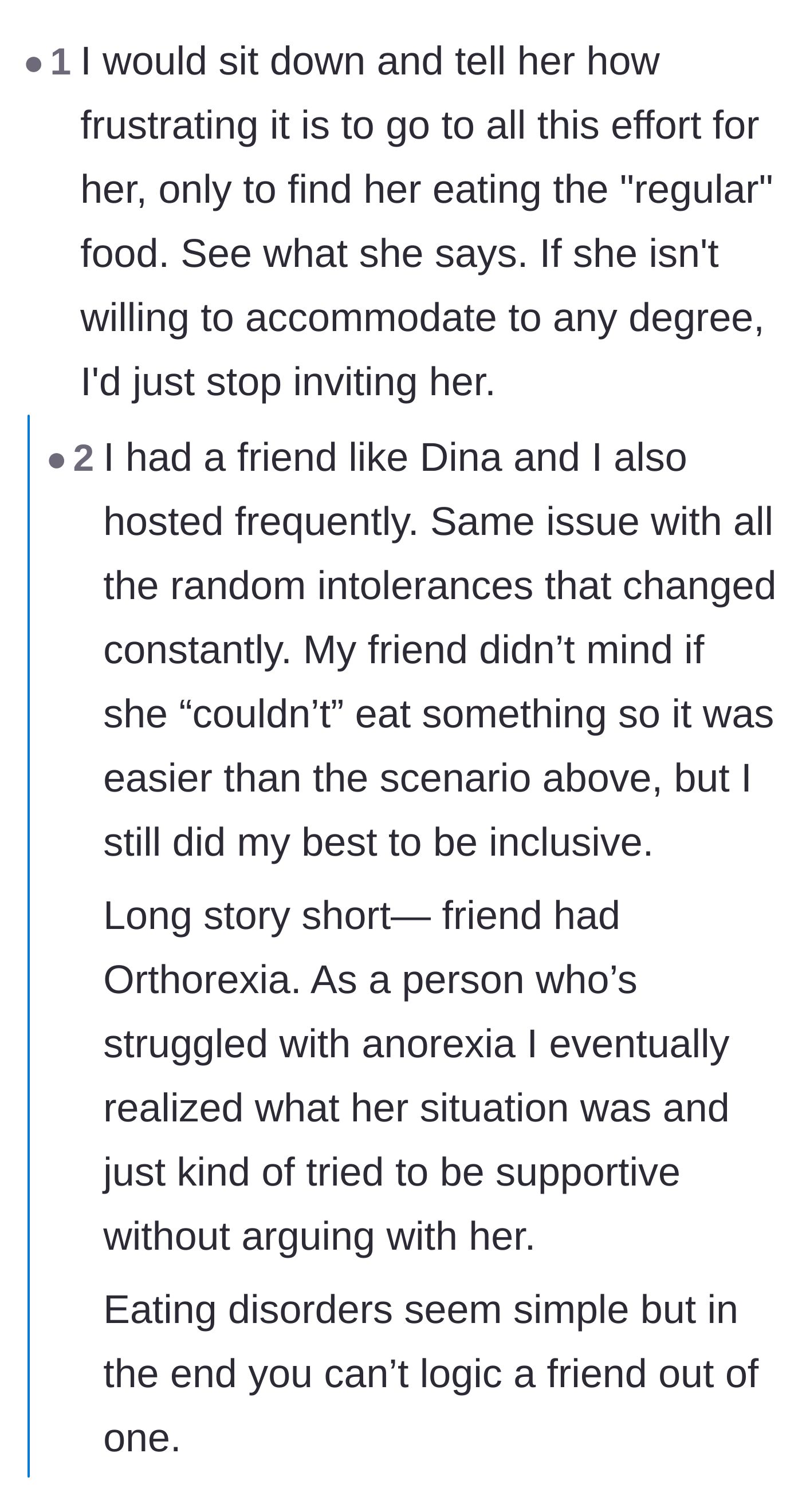Comment thread 3 - Users debating whether the friend's behavior stems from a psychological eating disorder like Orthorexia.