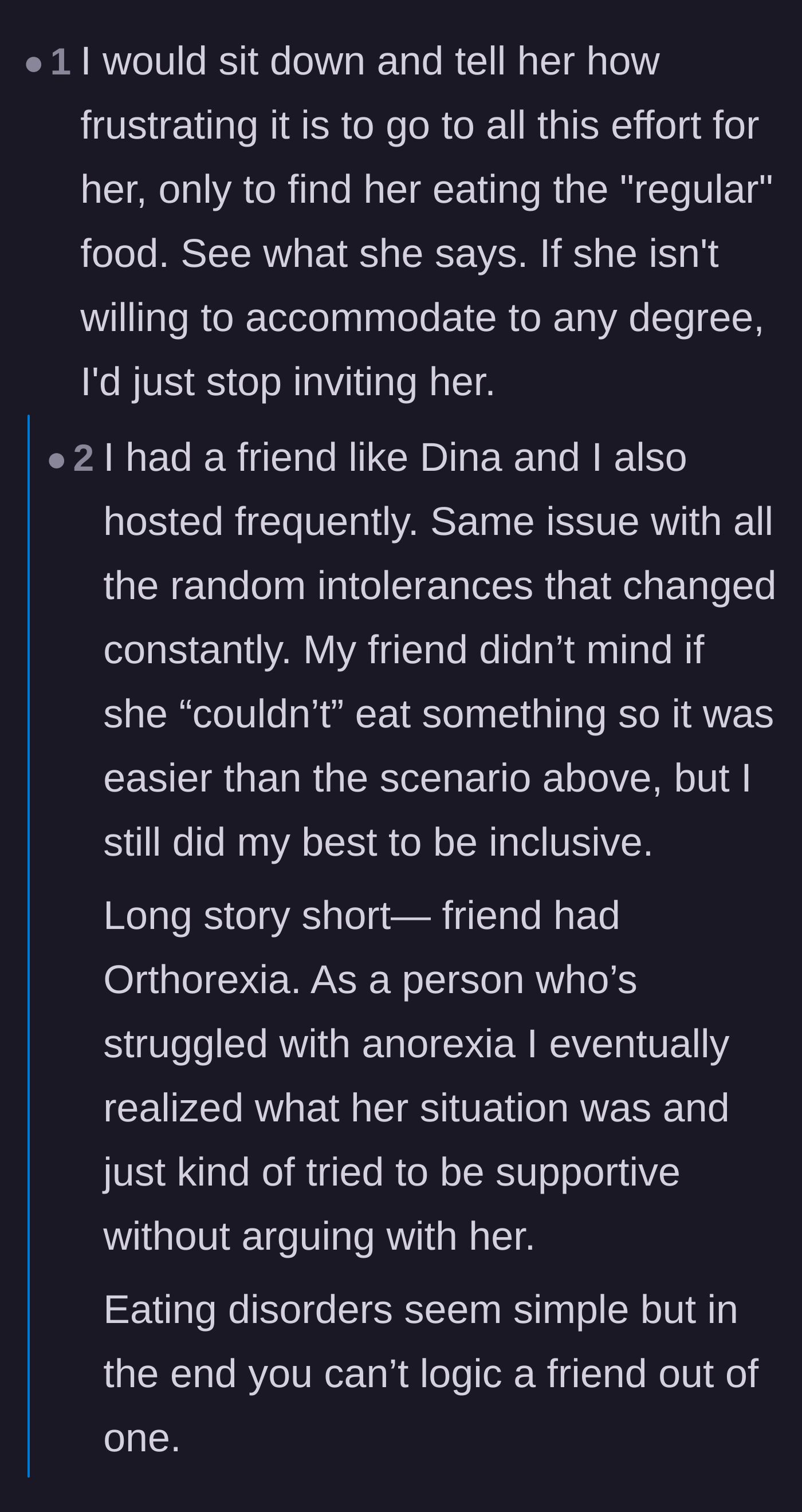Comment thread 3 - Users debating whether the friend's behavior stems from a psychological eating disorder like Orthorexia.