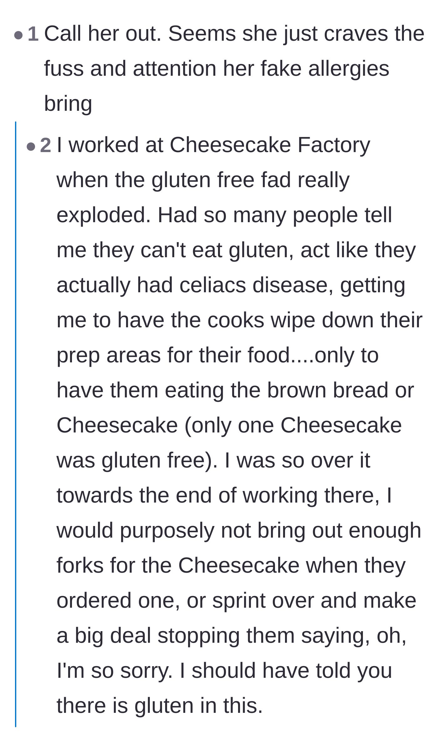 Comment thread 5 - A former server sharing a hilarious story about purposefully making a scene to stop fake-allergy customers from eating their forbidden foods.