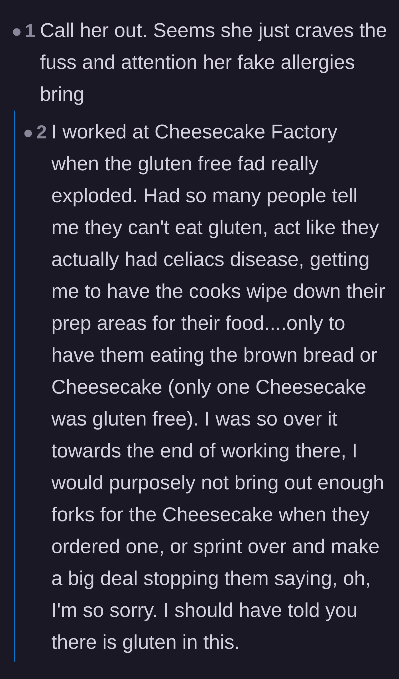 Comment thread 5 - A former server sharing a hilarious story about purposefully making a scene to stop fake-allergy customers from eating their forbidden foods.