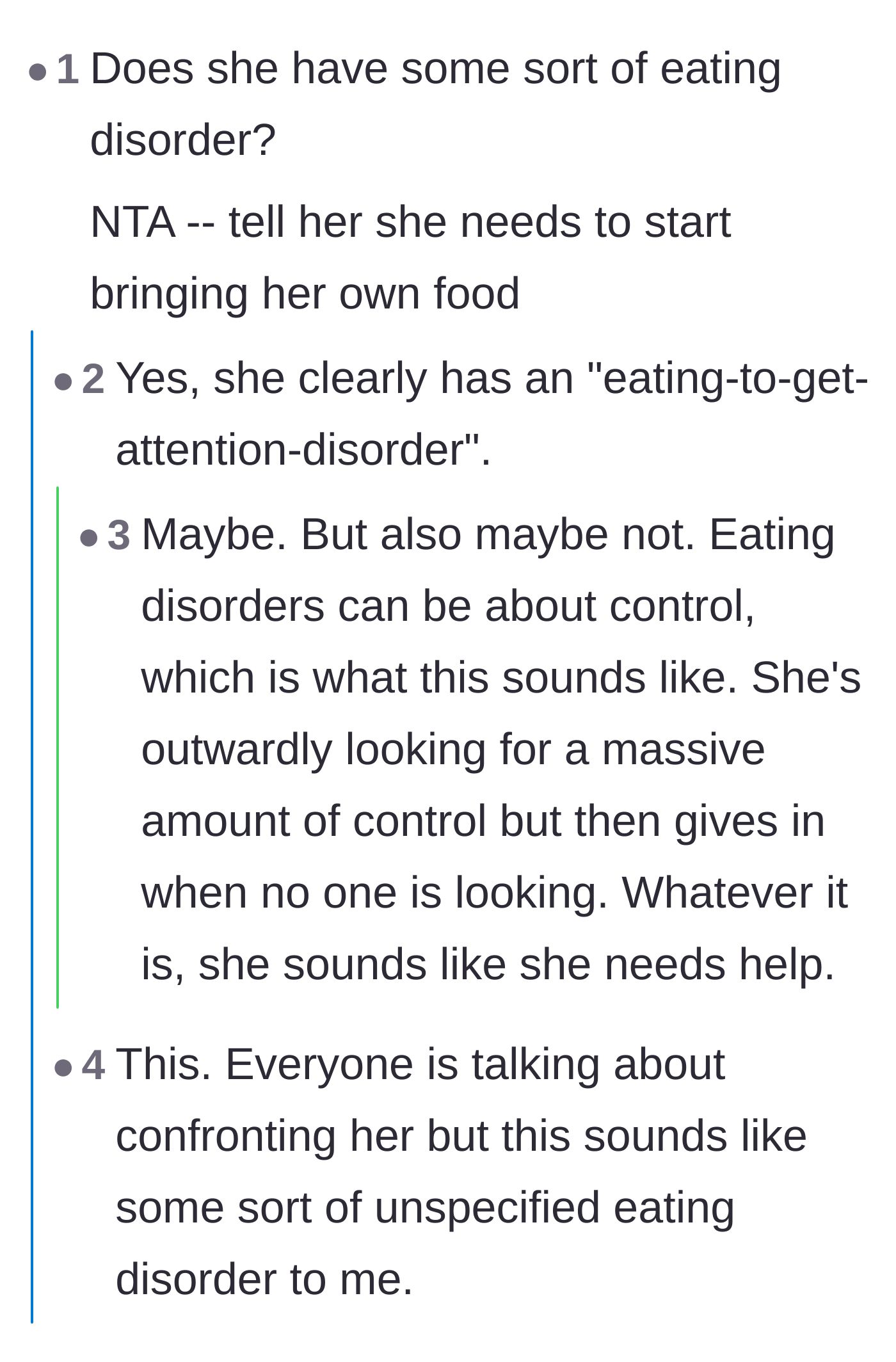 Comment thread 6 - A debate over whether the friend has a genuine need for control or just a desperate craving for attention.